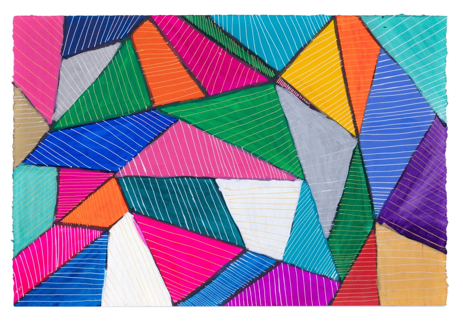 Abstract painting of interlocking geometric shapes in vivid colors, each filled with parallel white lines, acrylic and ink on paper.