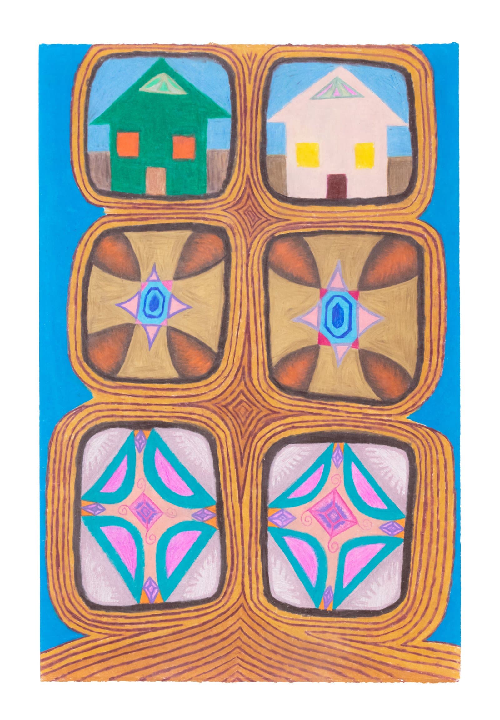 Colored pencil drawing with six rounded square panels arranged in a 2x3 grid on blue, containing houses and geometric rosette patterns.