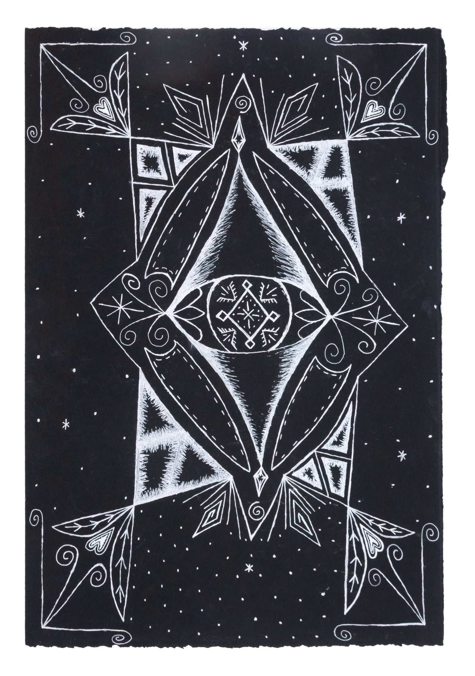 Intricate white ink drawing on black paper featuring a central diamond medallion with symmetrical geometric and floral motifs.