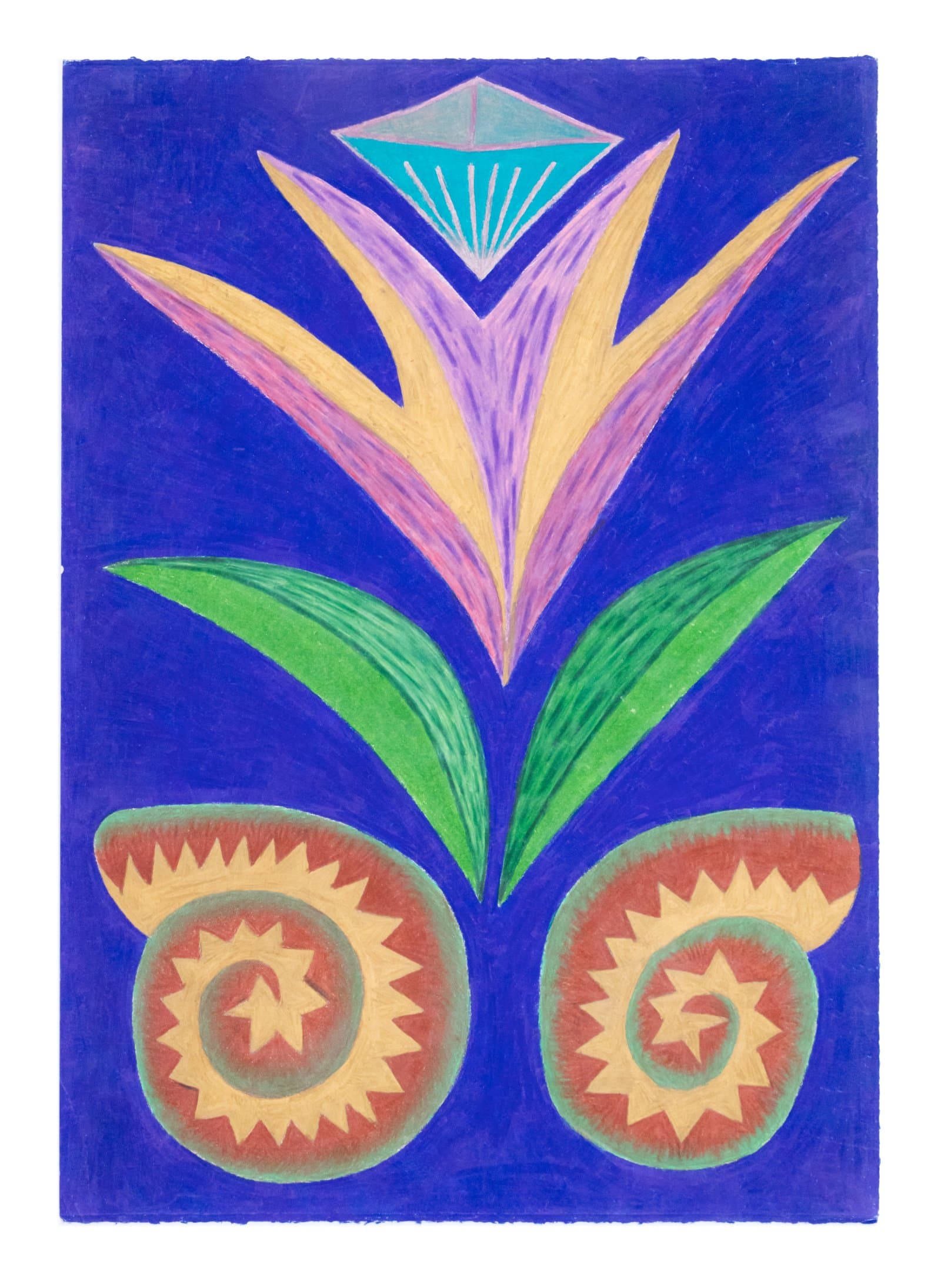 Colored pencil drawing of a stylized plant with orange and purple petals, green leaves, and two spiral motifs on a deep blue background.