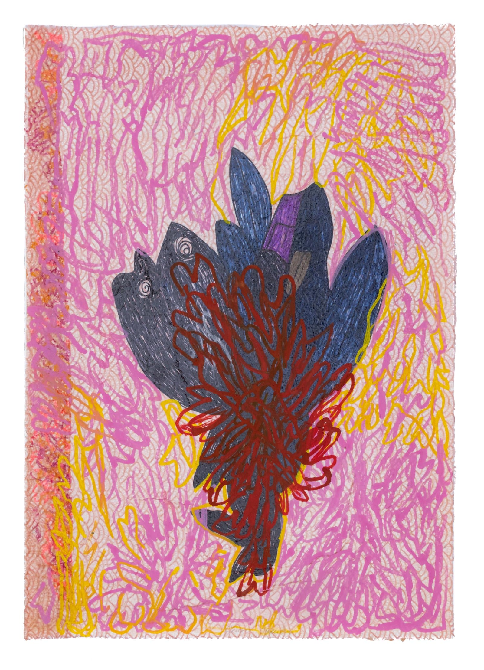 Mixed media drawing of a dark blue and red organic form centered on a pink and yellow scribbled background on paper.
