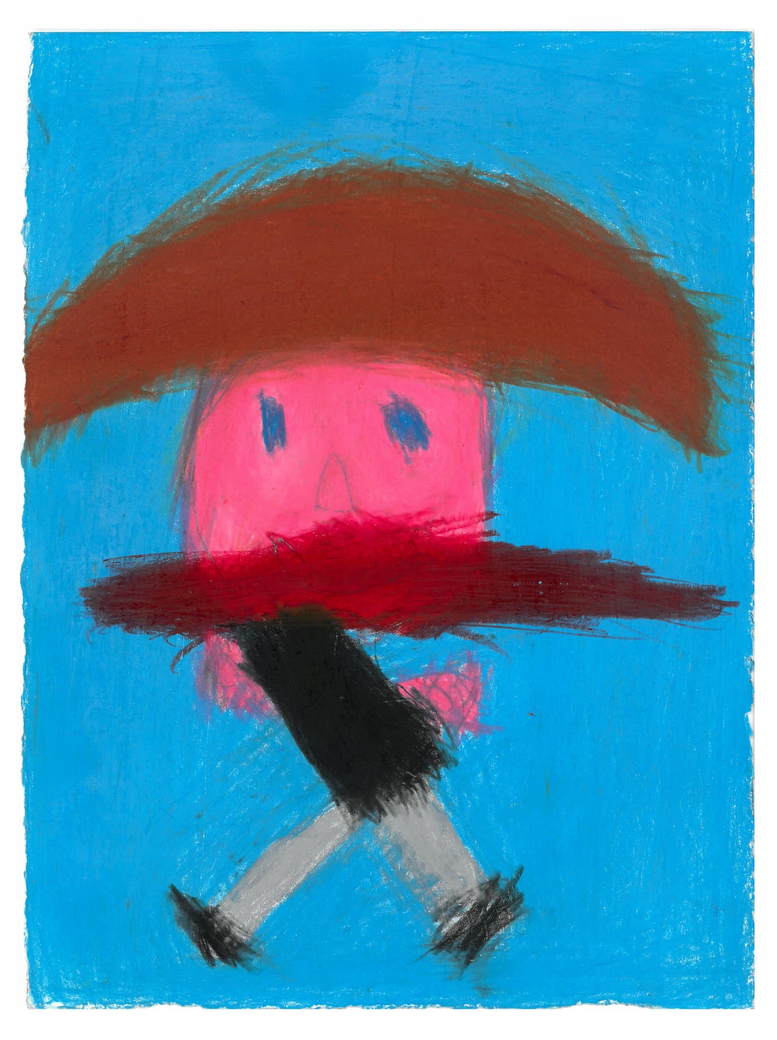 Colored pencil drawing of a walking figure with a pink face, large brown hat, red coat, and gray legs on bright blue paper.