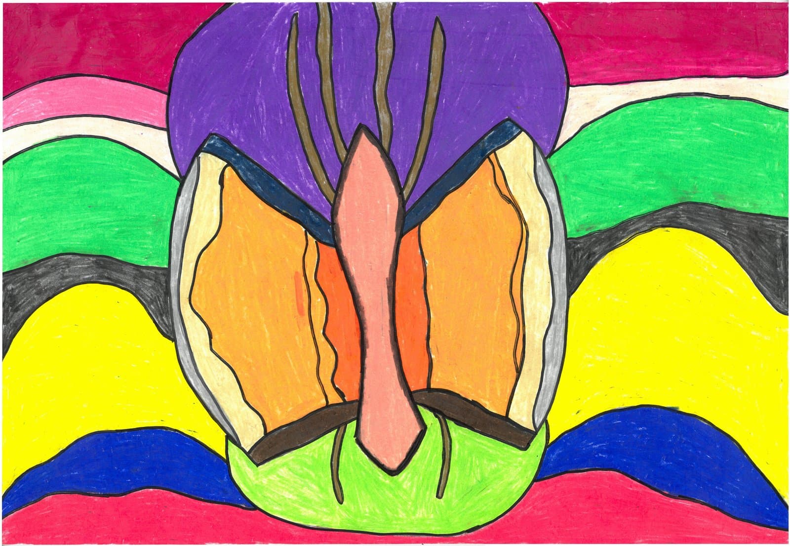 Symmetrical butterfly drawing in ink and colored pencil with bold orange wings, purple head, and vibrant striped background.