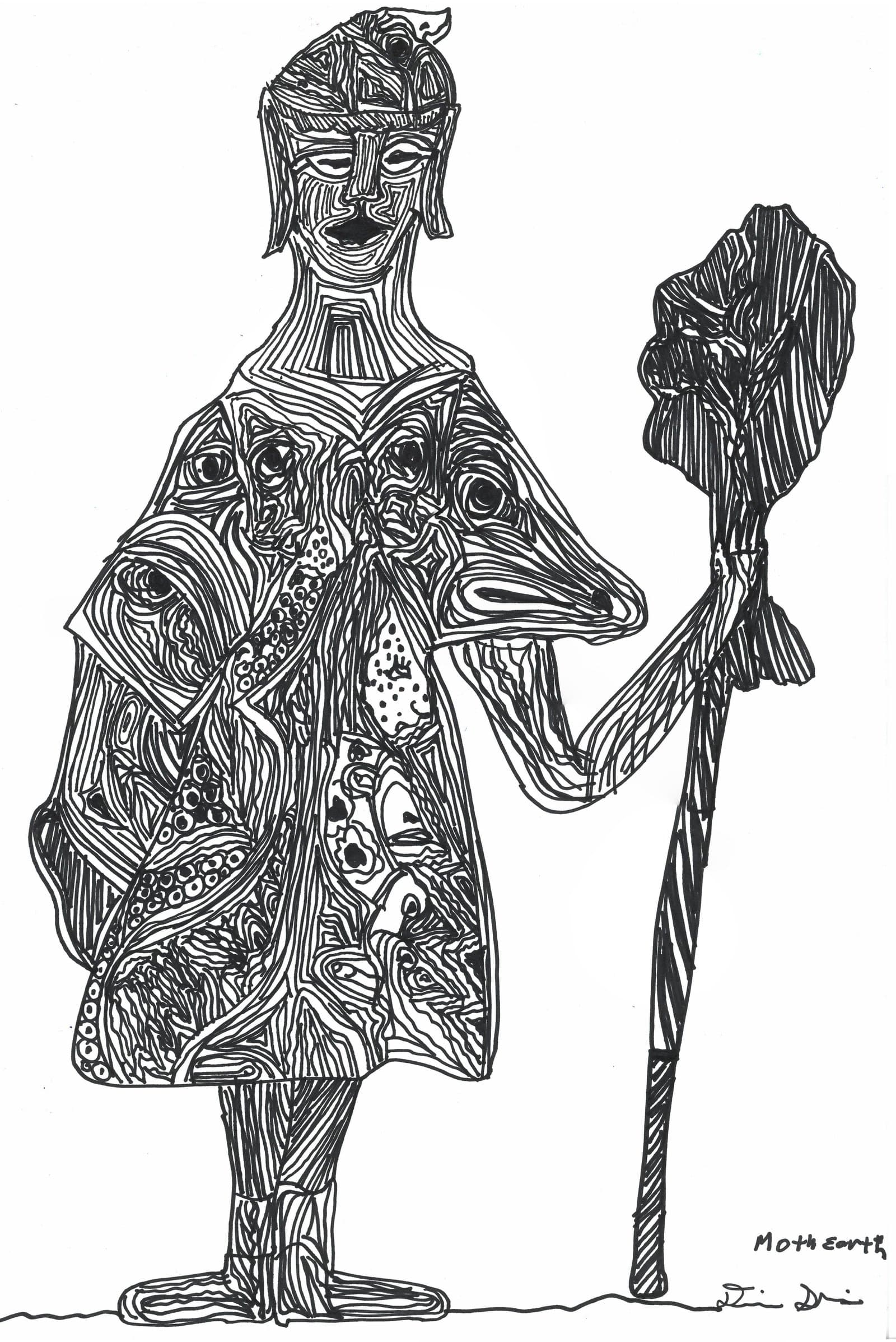 Black ink drawing of a standing figure in a flowing robe covered in faces and eyes, holding a staff topped with a leafy form.