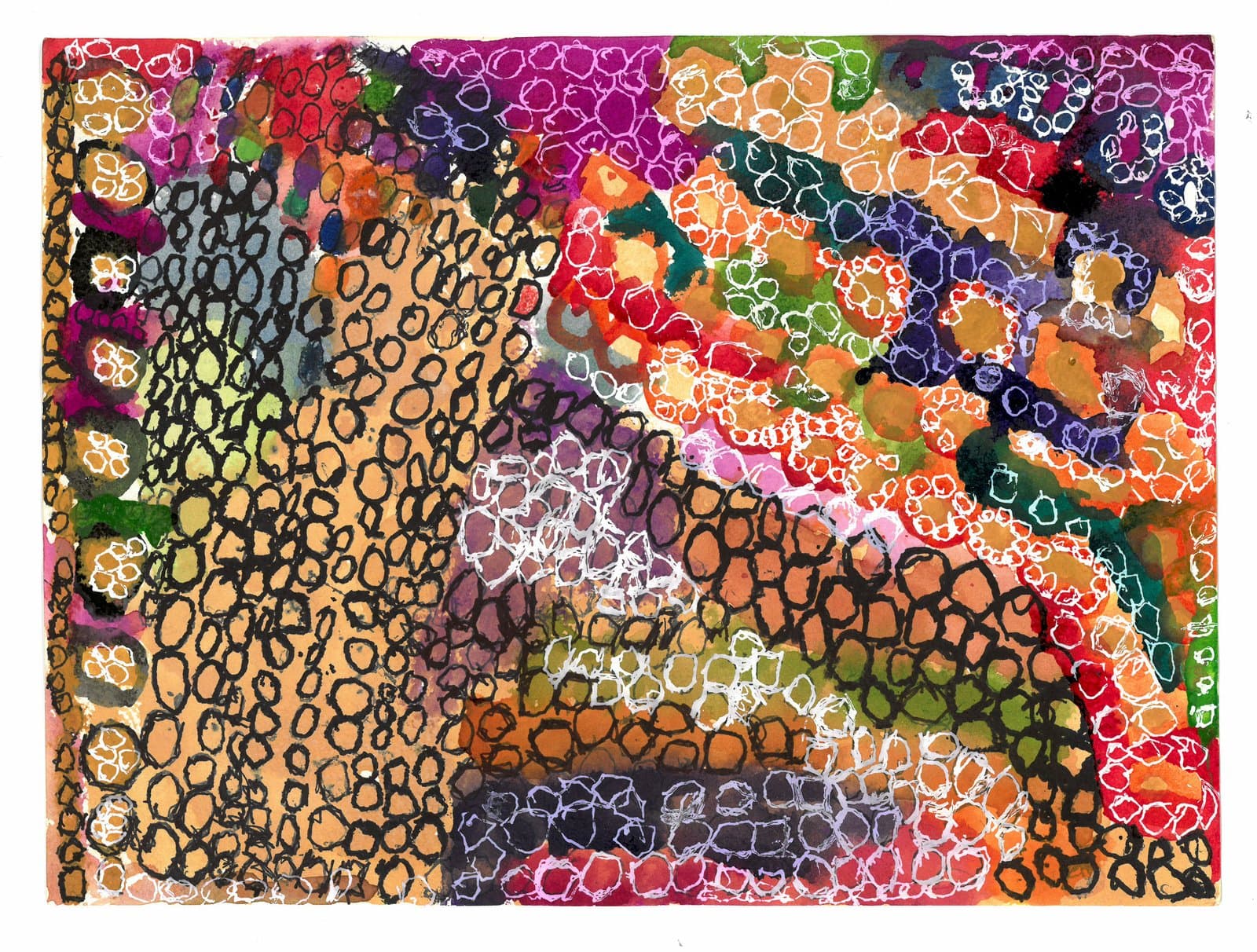 Abstract painting in acrylic and ink densely filled with overlapping oval loops in black, white, and multicolor on paper.