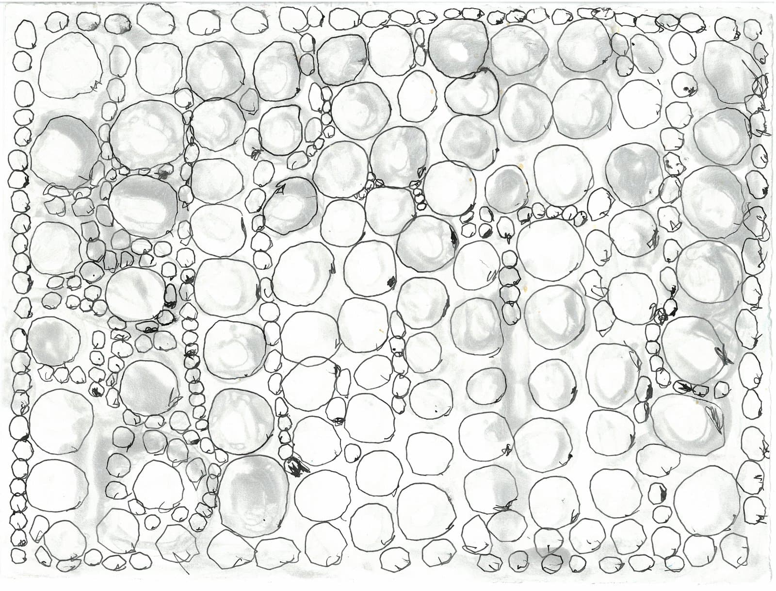 Drawing of densely packed rounded oval forms in black ink and gray acrylic wash, varying in size across white paper.