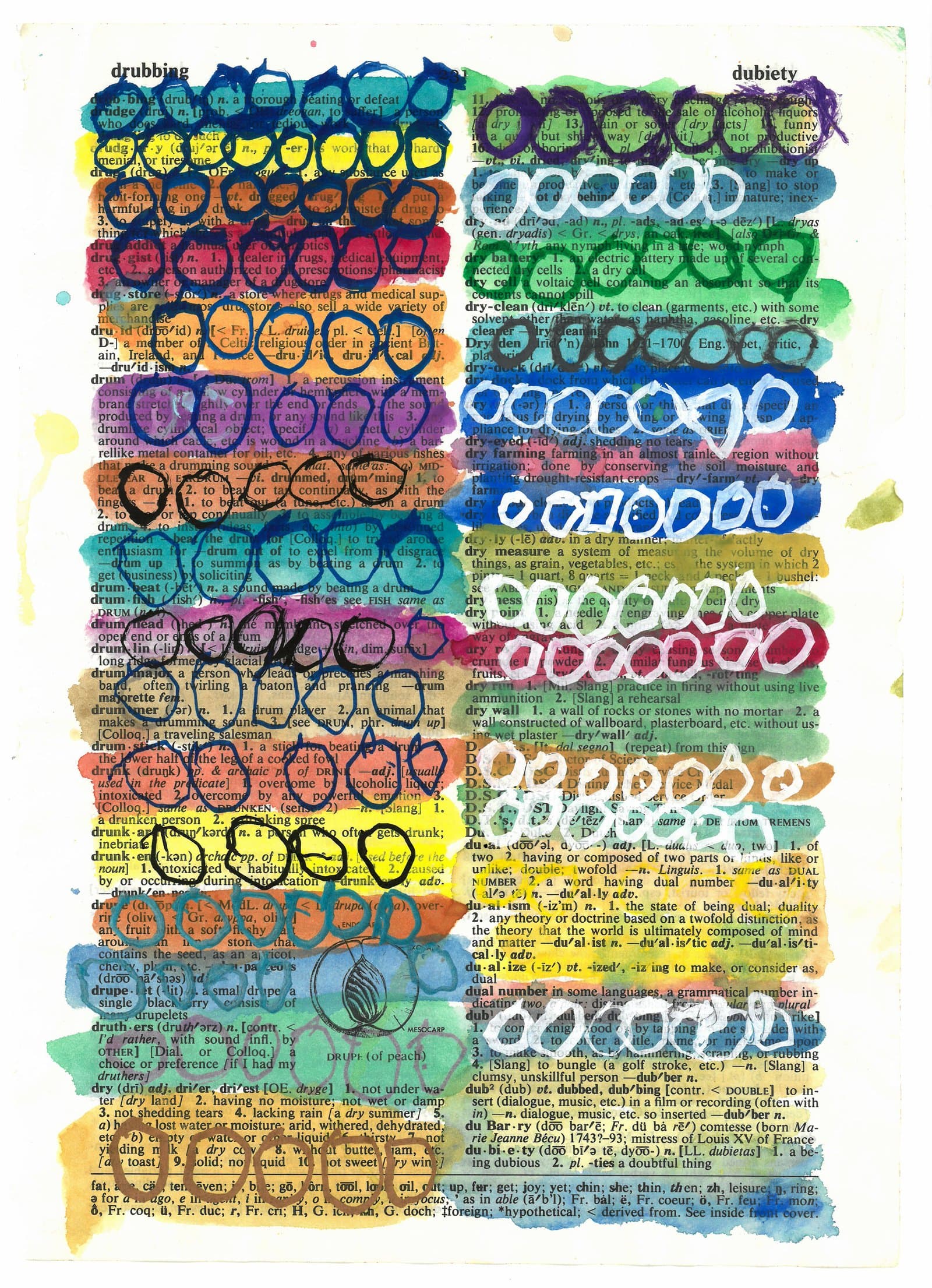 Mixed media artwork with rows of painted oval loops in multiple colors over printed dictionary pages.