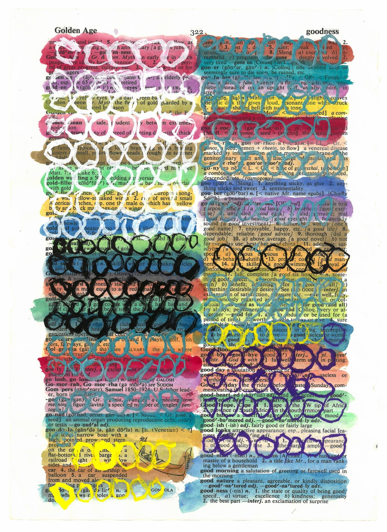 Colorful rows of looping circle outlines in acrylic and ink painted over a dictionary page spanning 'Golden Age' to 'goodness.'