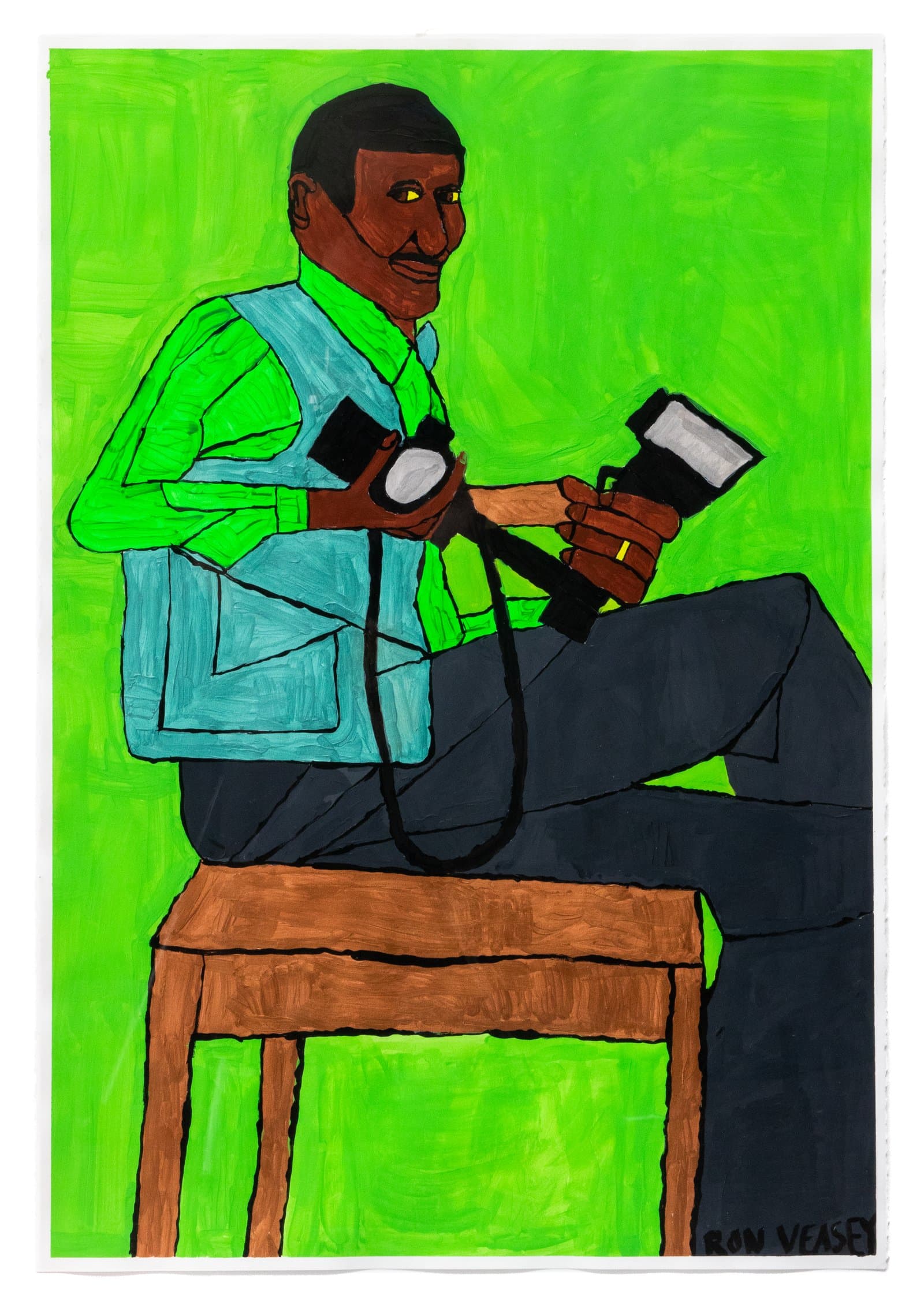 Acrylic painting of a man seated on a wooden stool holding two cameras, set against a vivid green background.