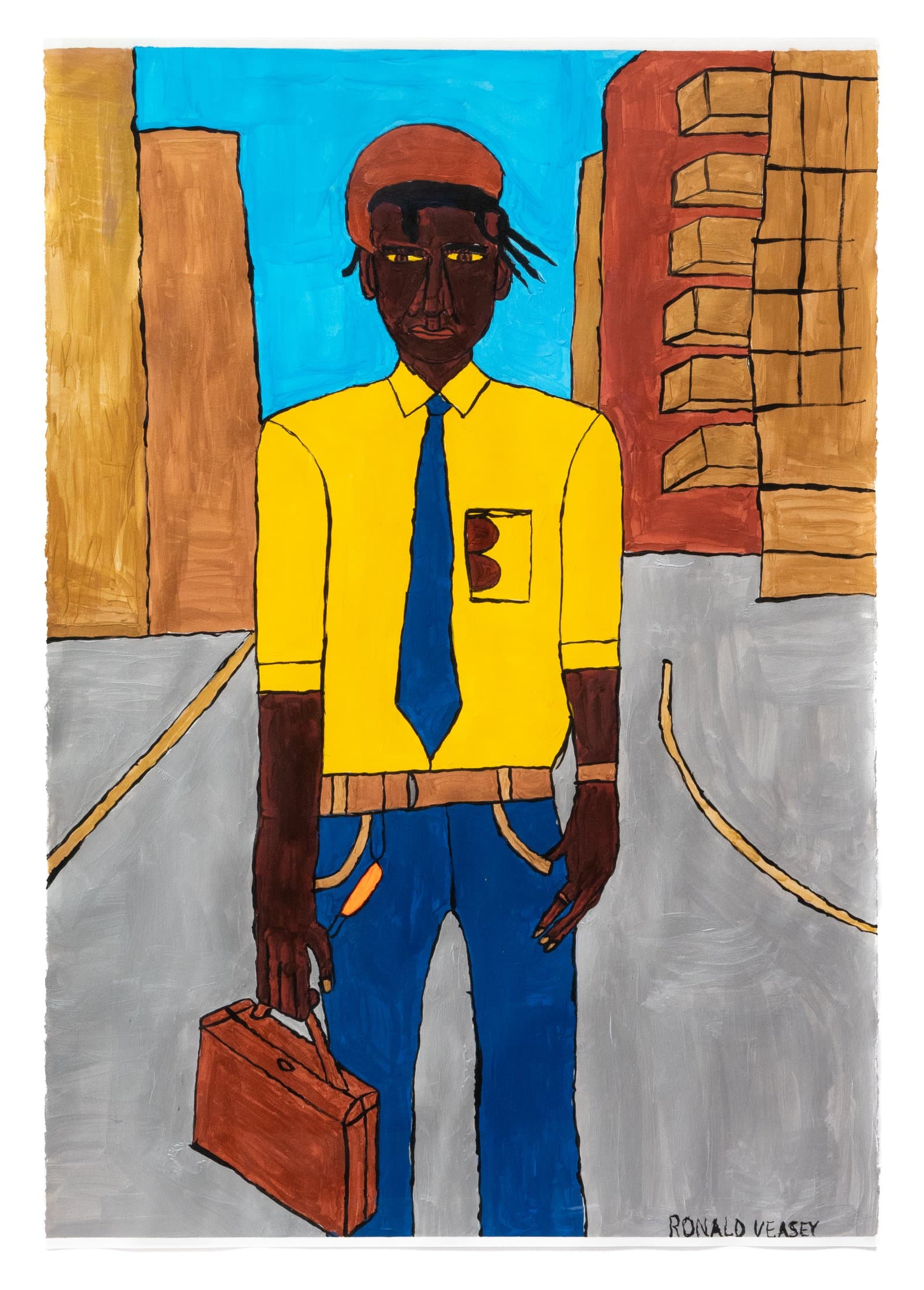 Figurative acrylic painting of a man in a yellow shirt and blue tie holding a briefcase, standing on a city street.