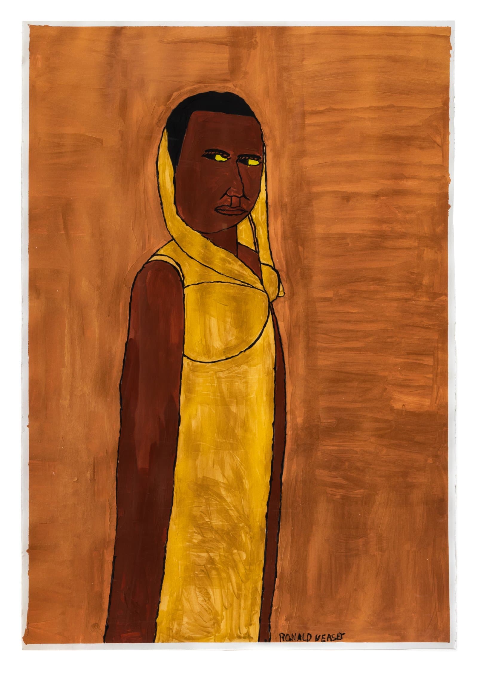 Acrylic portrait on paper of a dark-skinned figure in a yellow dress and hood against a warm orange-brown background.