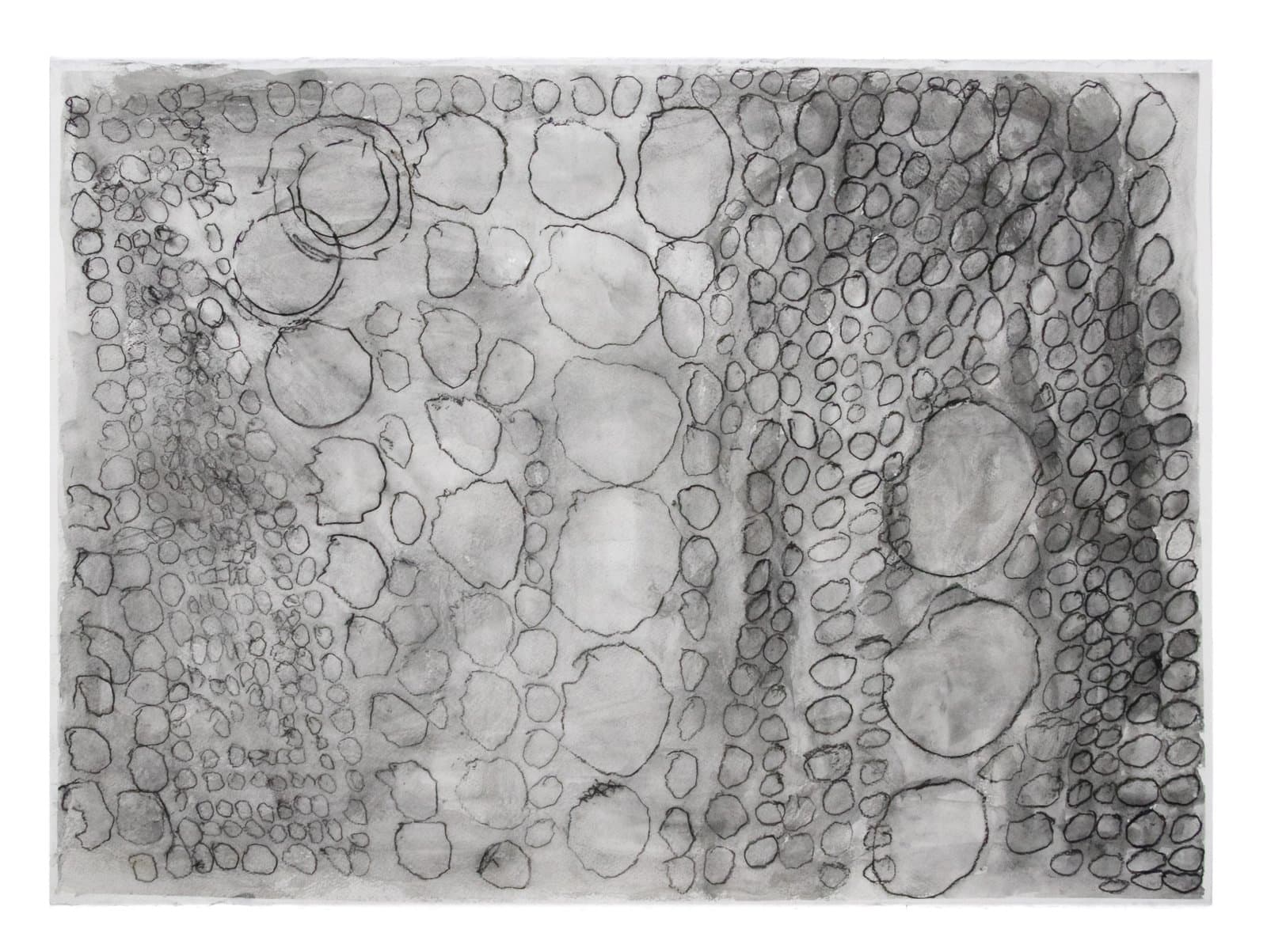 Abstract ink drawing on paper densely filled with irregularly outlined oval and circular forms of varying sizes in black and gray.
