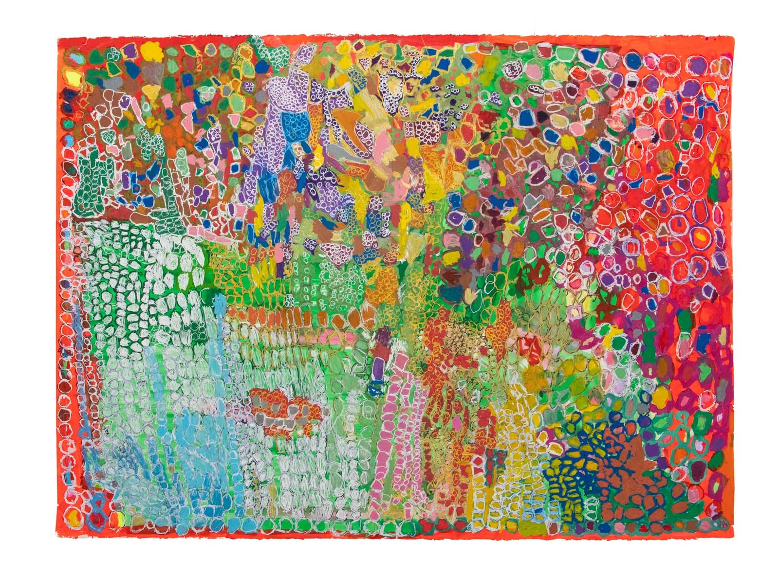Abstract painting in acrylic and ink densely filled with multicolored organic cell-like shapes on paper with a red border.
