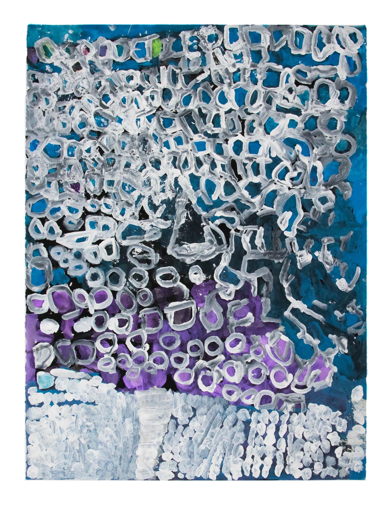 Abstract acrylic painting with dense white looping forms over blue, black, and purple fields on paper.