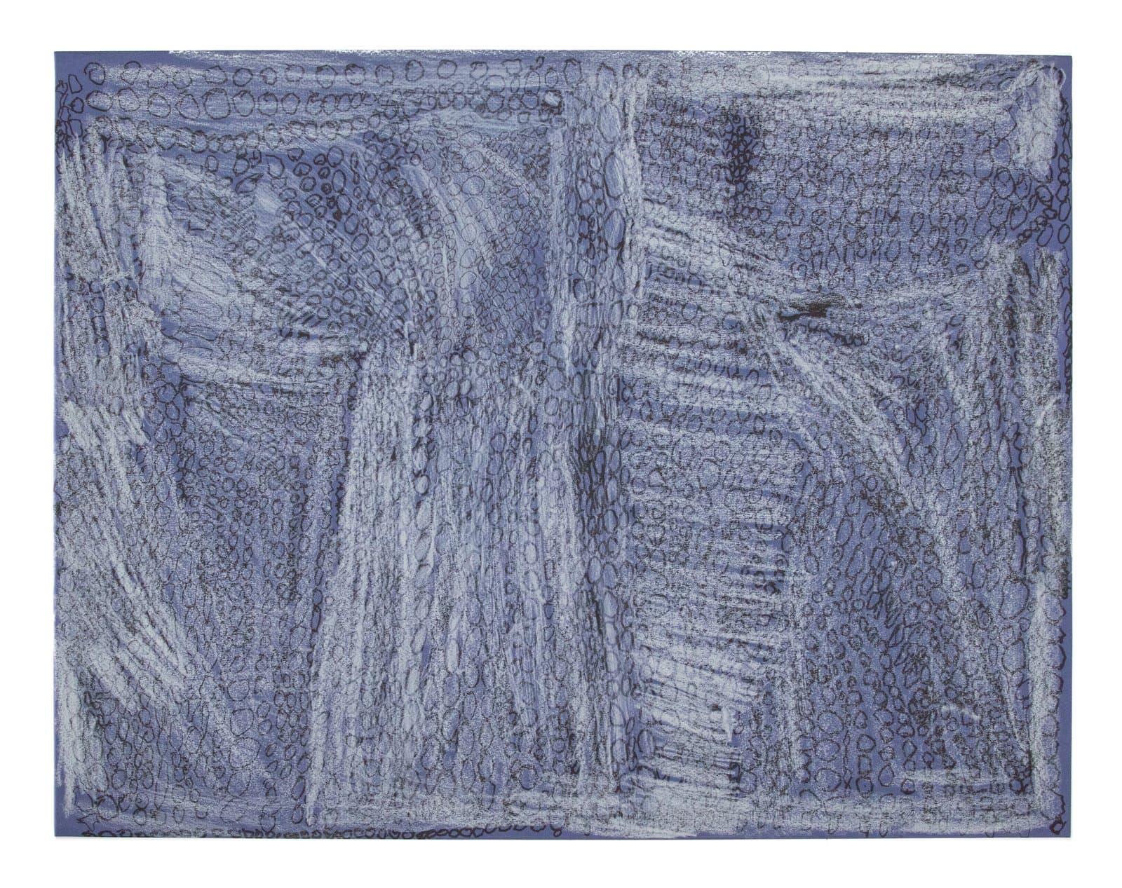 Abstract colored pencil drawing with dense white marks and small circular forms layered over a blue-violet ground.