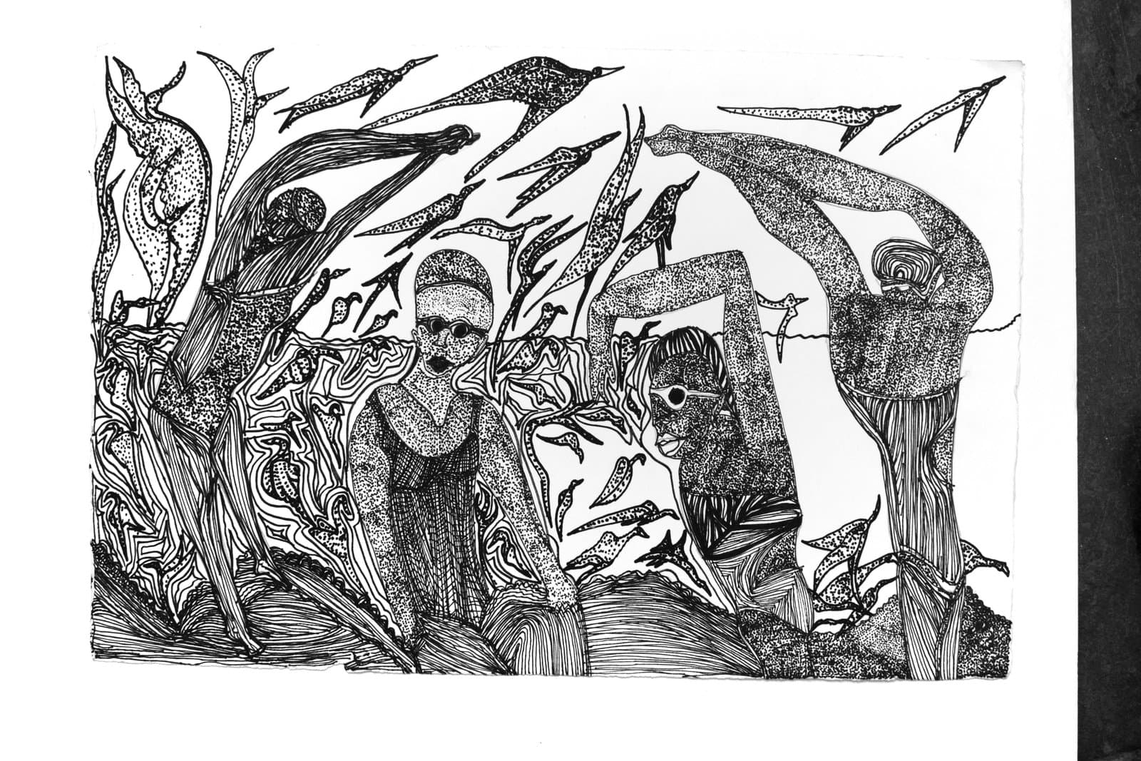 Black and white ink drawing with two human figures surrounded by swirling organic forms, elongated birds, and dense patterning.