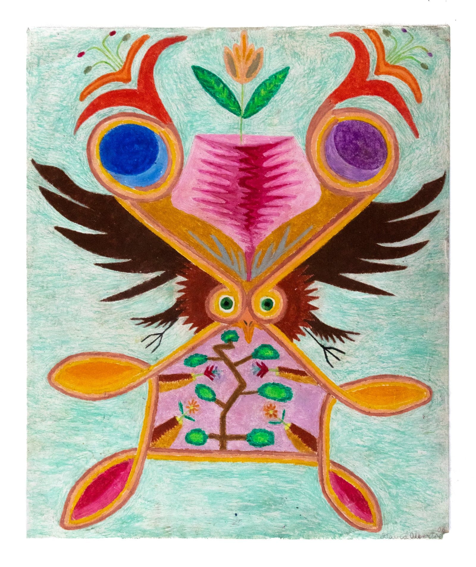 Colored pencil drawing of a symmetrical owl-like bird figure with large circular eyes, wings, and floral elements on aqua paper.