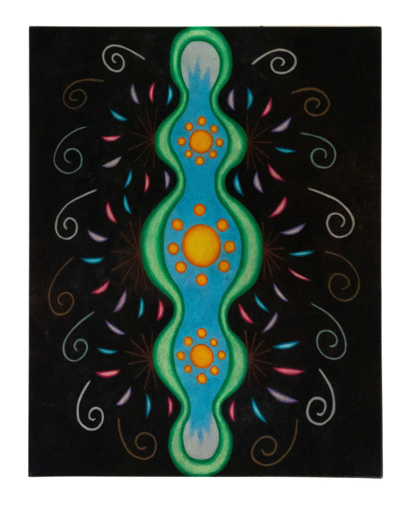 Colored pencil drawing on black paper featuring a vertical green and blue hourglass form with three orange sun motifs, surrounded by symmetrical swirls and arcs.