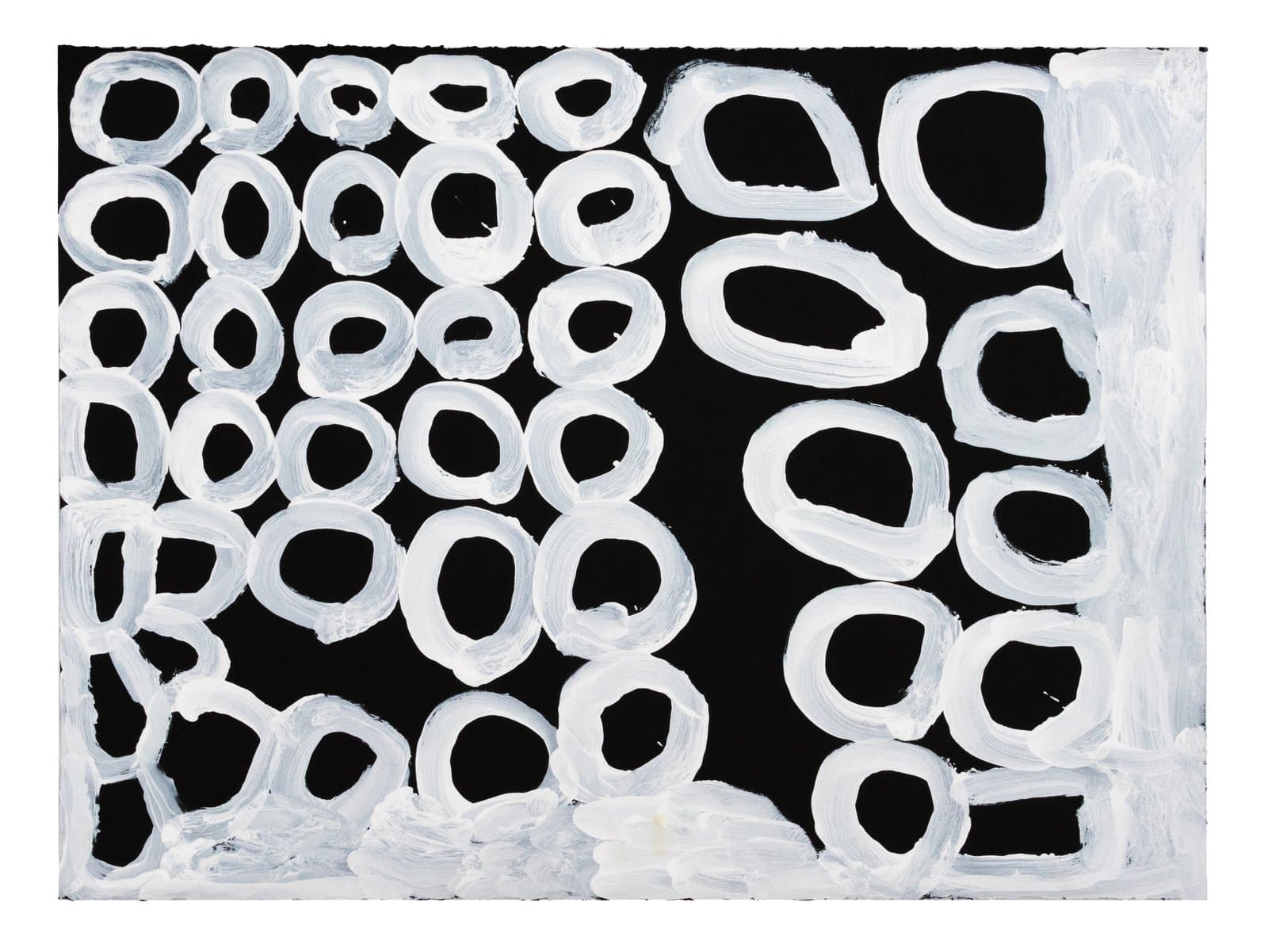 Abstract acrylic painting on paper featuring rows of white oval ring shapes on a solid black background.
