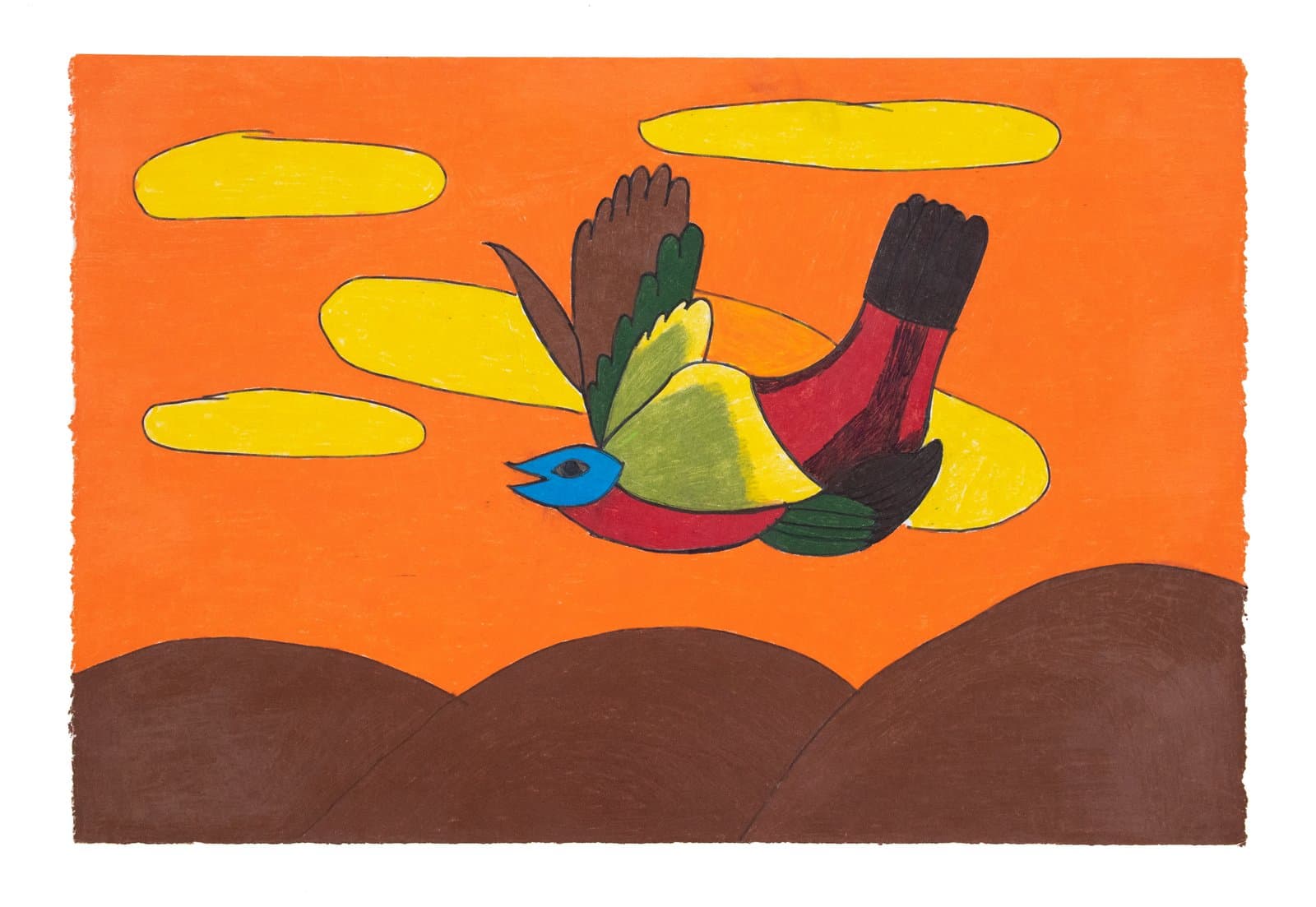 Colored pencil drawing of a multicolored bird in flight against a bright orange sky with yellow clouds and brown hills.
