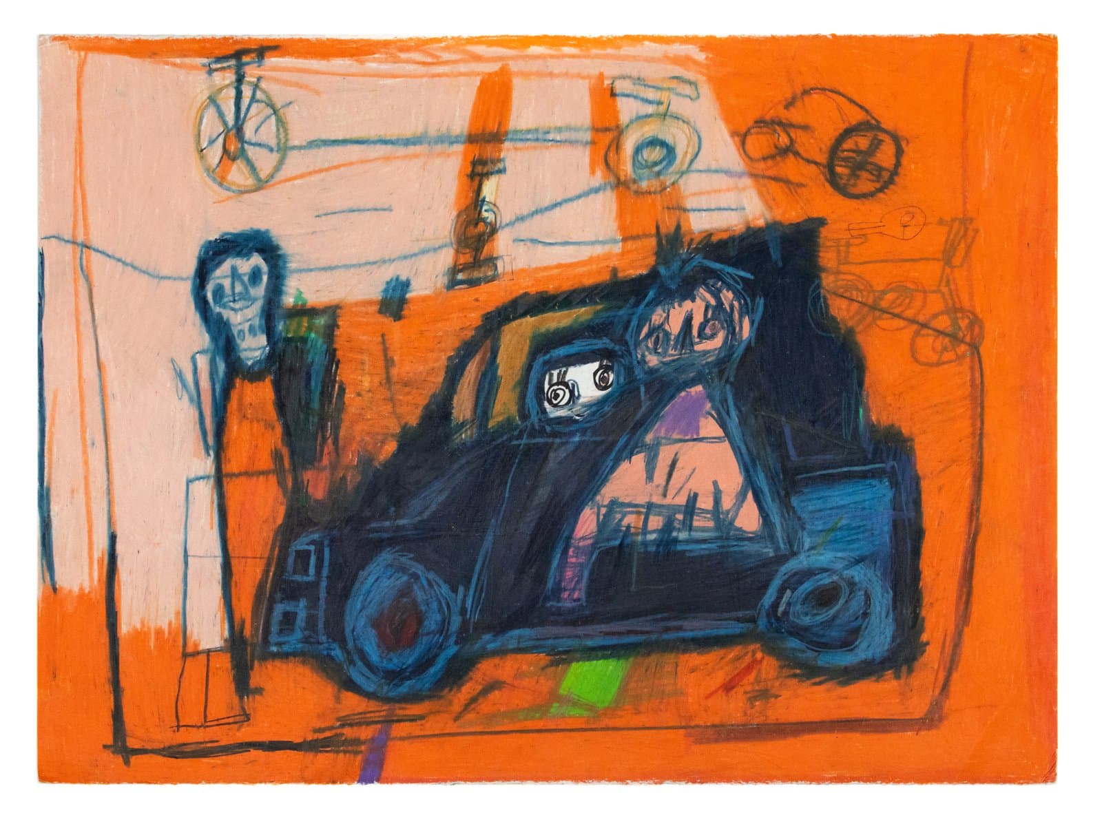Expressive colored pencil drawing on orange background featuring a dark blue car and human figure with wheel sketches above.