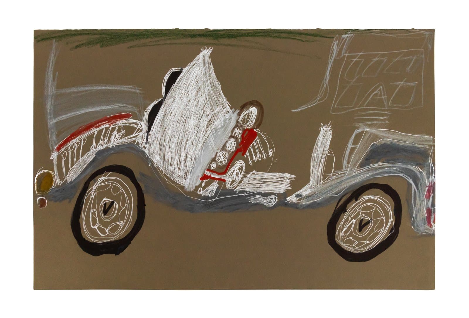 Drawing of a vintage open-top car in white, gray, and red ink and colored pencil on tan paper.