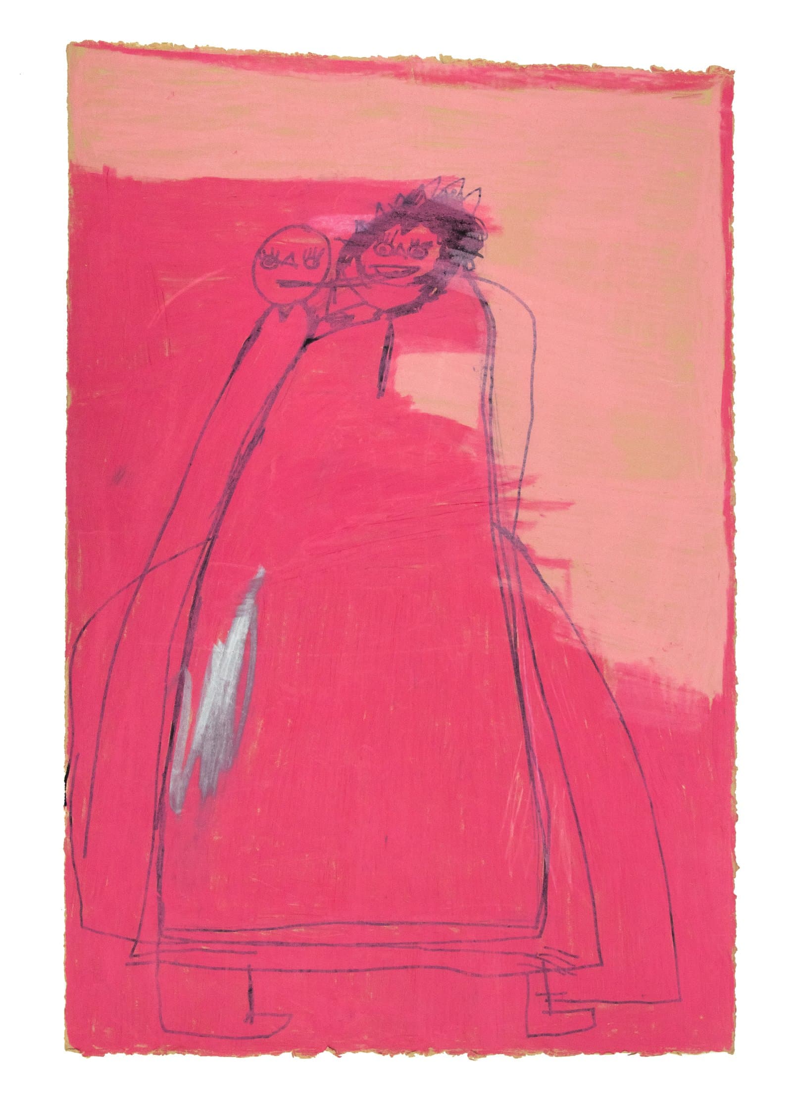 Mixed media drawing on paper depicting two schematic figures in dark pencil over a vivid pink and peach painted background.