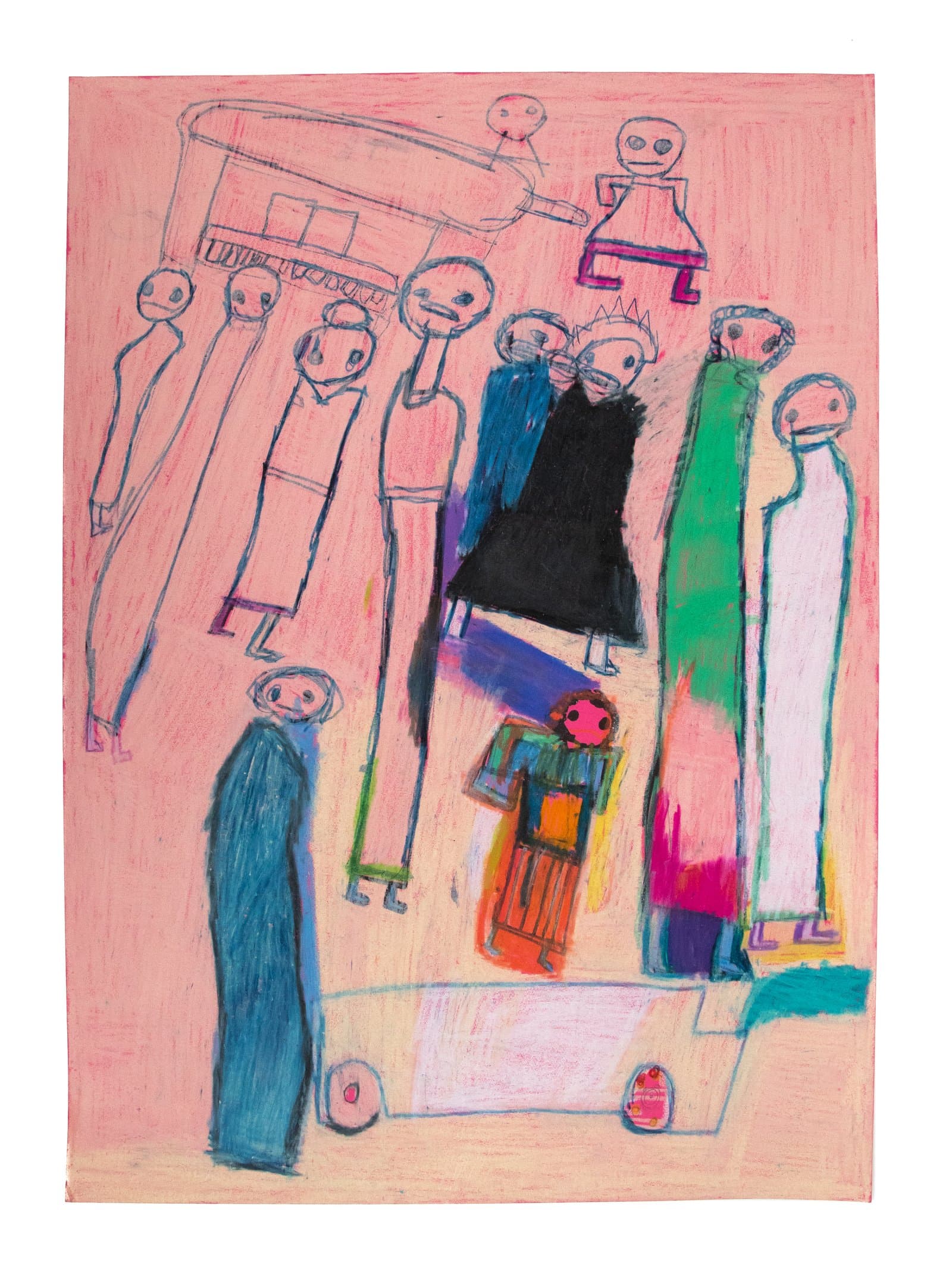 Mixed media drawing on pink paper showing a crowd of simplified human figures in blue, black, green, and white with a vehicle sketch above.