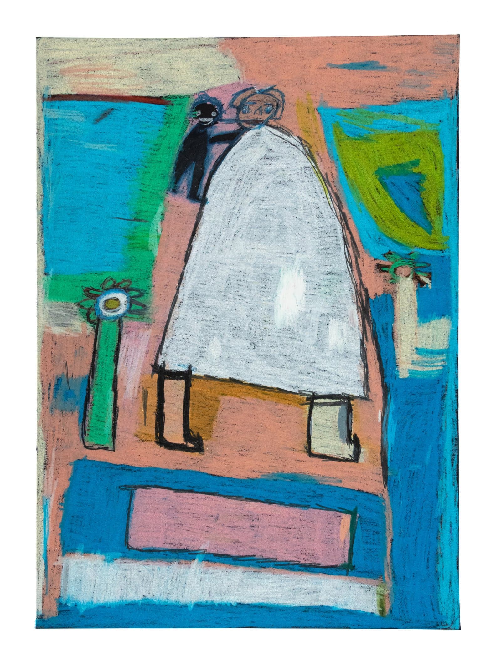 Mixed media drawing of two figures atop a large white triangular form, flanked by flowers, in blue, pink, and green.
