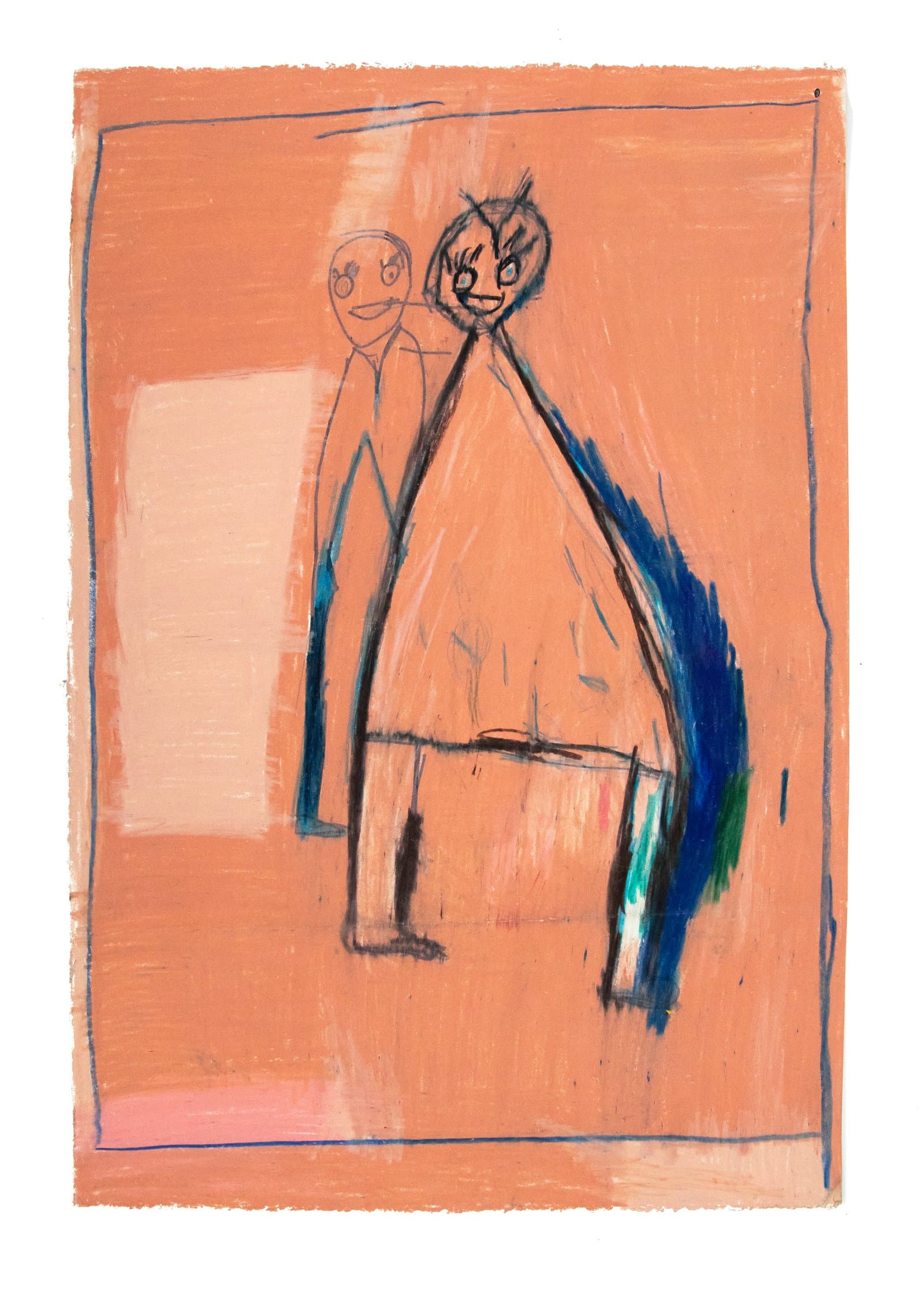 Mixed media drawing on paper showing two schematic figures in dark line on a salmon-orange ground with blue accents.