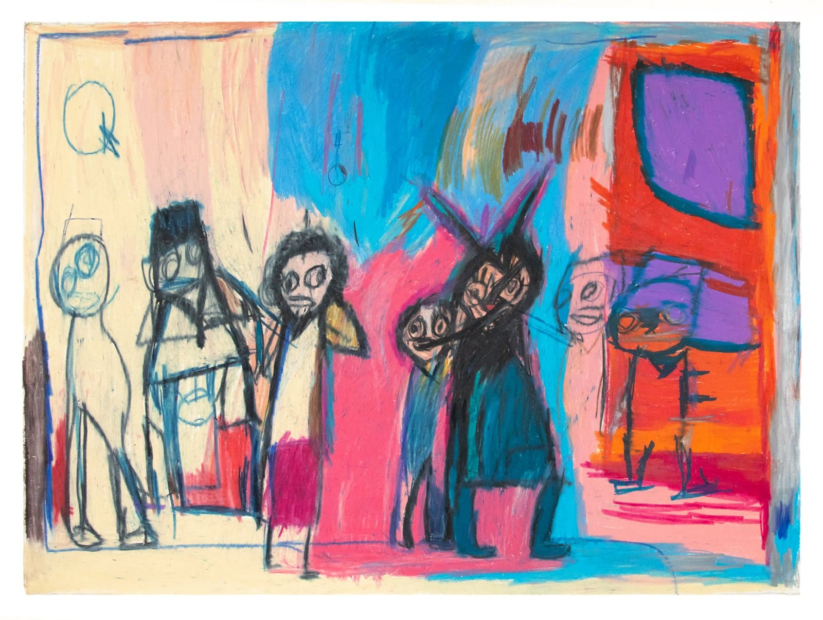 Mixed media drawing on paper with five loosely rendered human figures across a vivid blue, pink, orange, and cream background.
