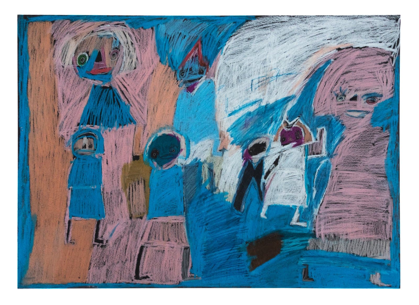 Mixed media drawing of multiple figurative forms in blue, pink, and orange on paper.