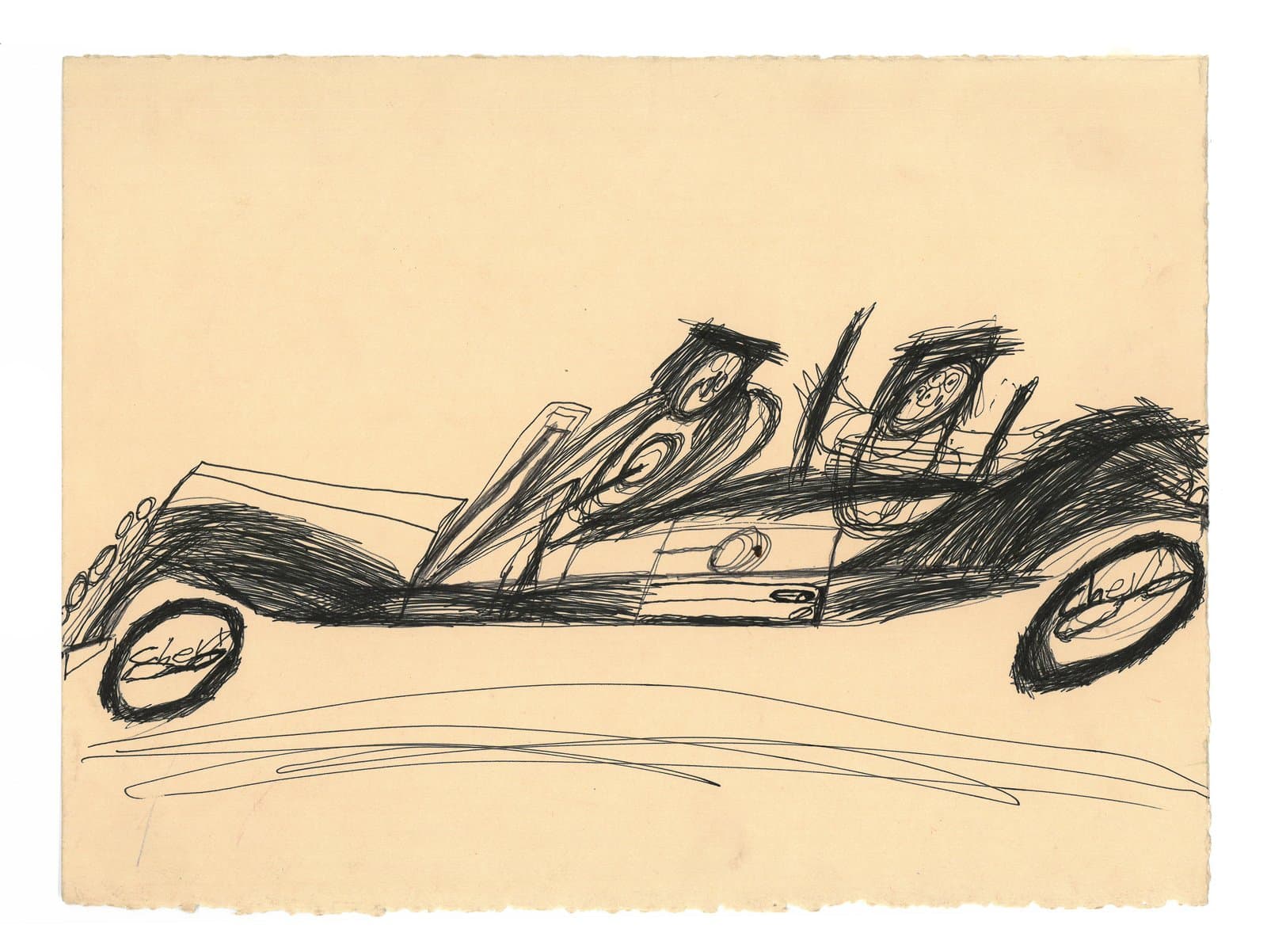 Ink drawing of a vintage open-top car with two figures seated inside, rendered in energetic black lines on cream paper.