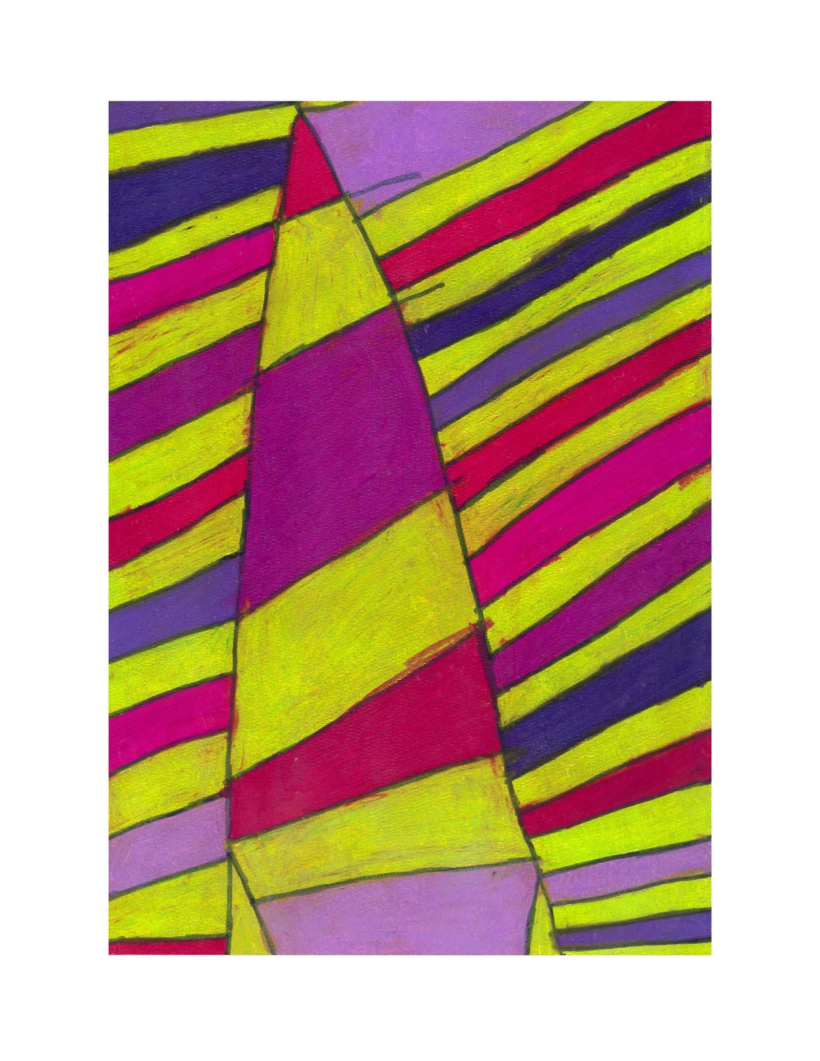 Abstract colored pencil drawing with bold diagonal stripes and triangular forms in yellow-green, magenta, and purple.