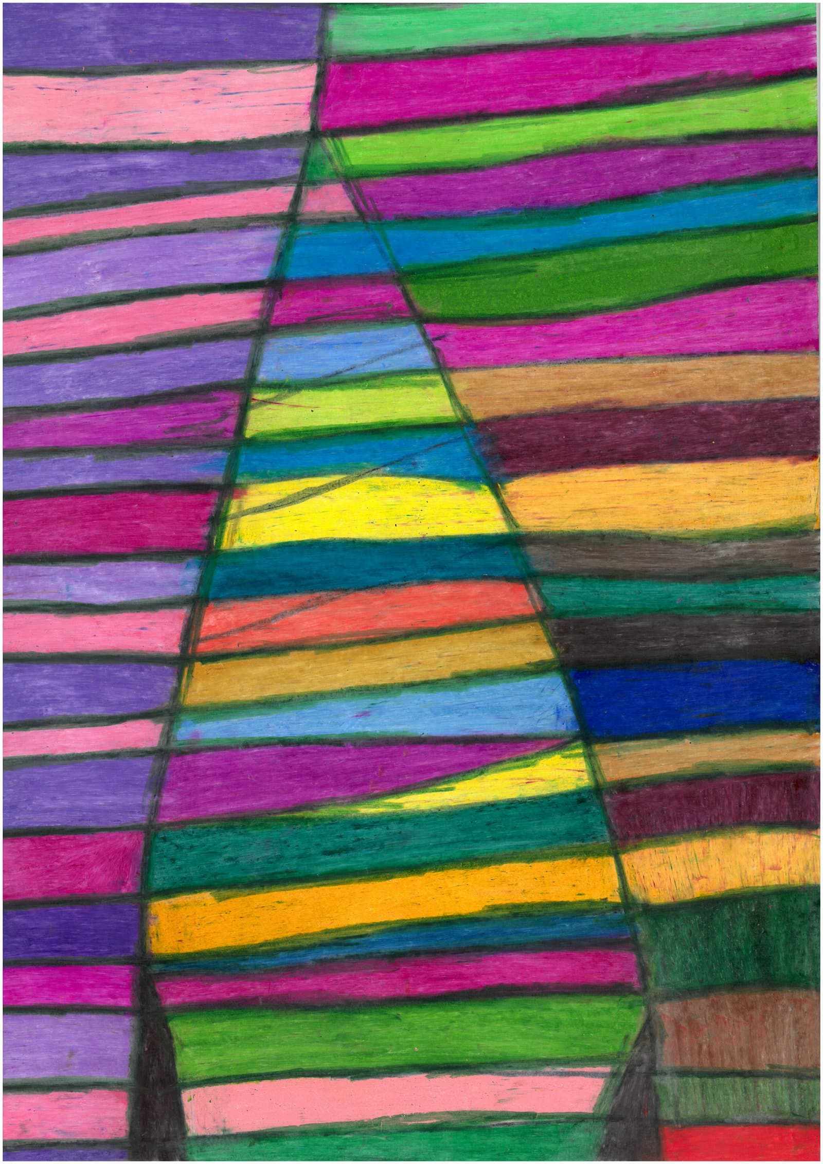 Abstract colored pencil drawing with horizontal stripes in magenta, purple, green, yellow, and blue, divided by a central triangle.
