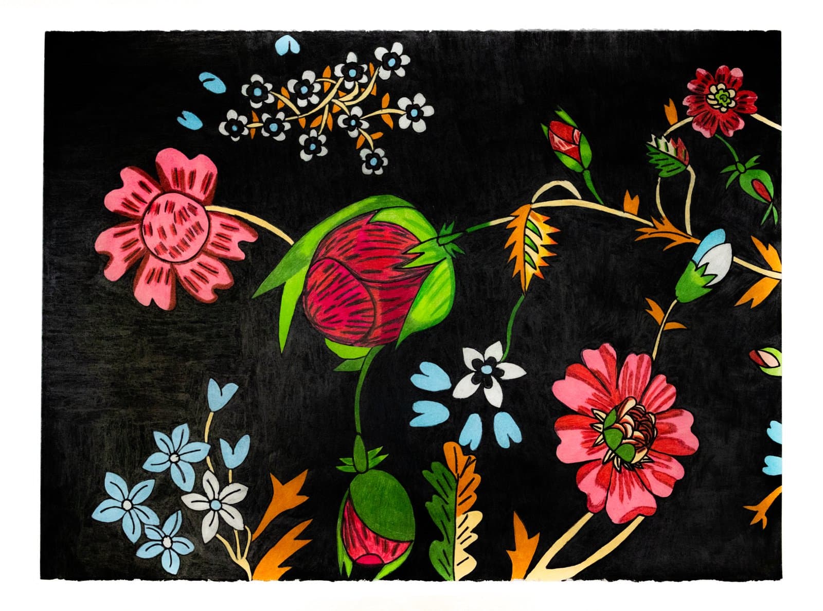 Colored pencil drawing of vibrant botanical motifs on black ground, featuring pink, red, and blue flowers with green stems.