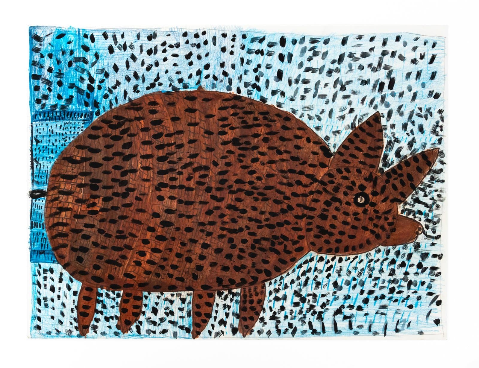 Mixed media drawing of a large brown spotted animal, resembling a hedgehog or armadillo, on a blue dotted background.