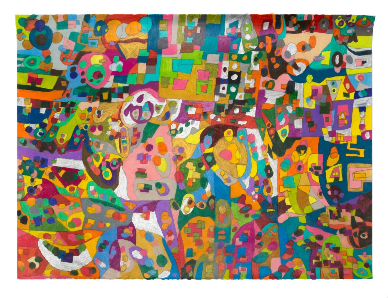 Large abstract colored pencil drawing densely packed with multicolored geometric and organic shapes across the entire composition.