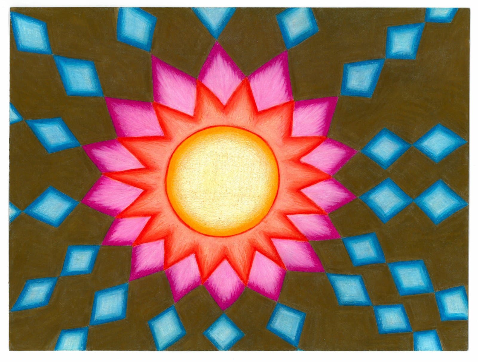 Colored pencil drawing of a radiant sunburst flower in pink and red with a yellow center on an olive background with blue diamonds.