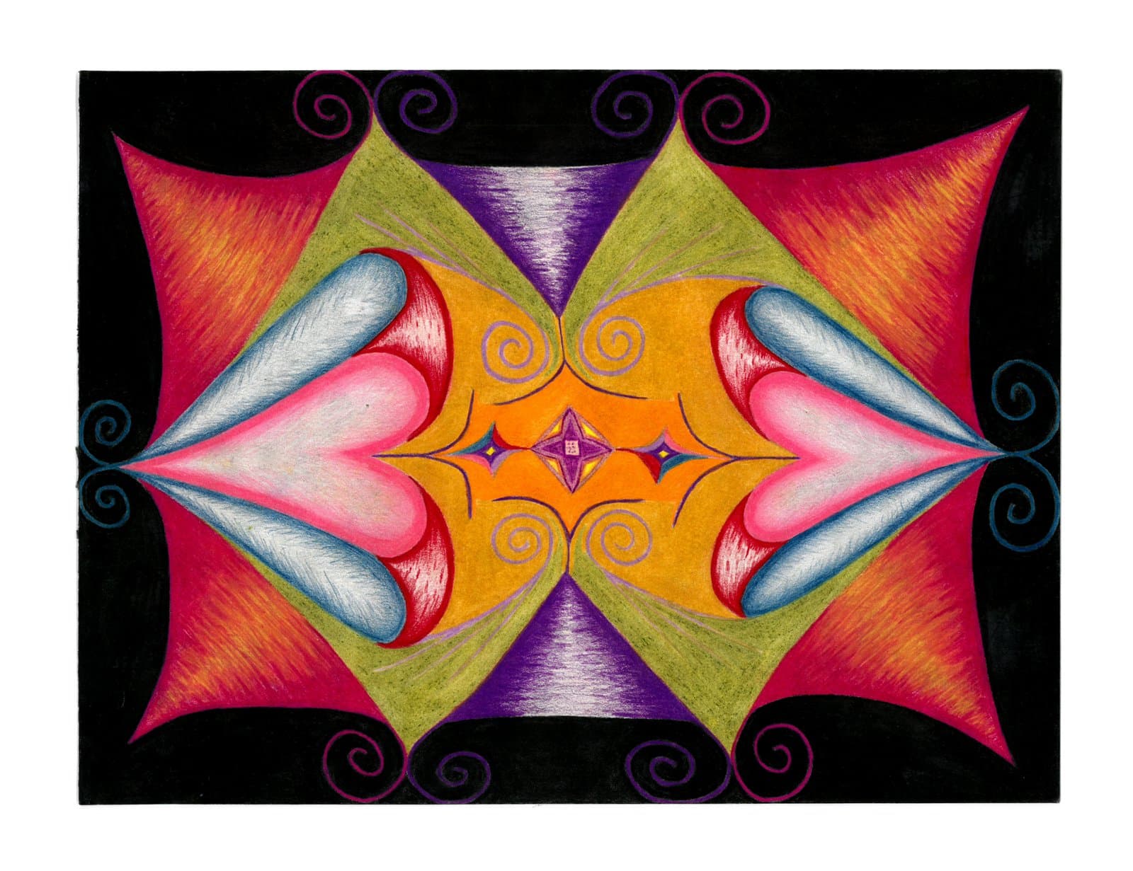 Symmetrical colored pencil drawing with mirrored heart and petal forms in pink, orange, purple, and olive on black.