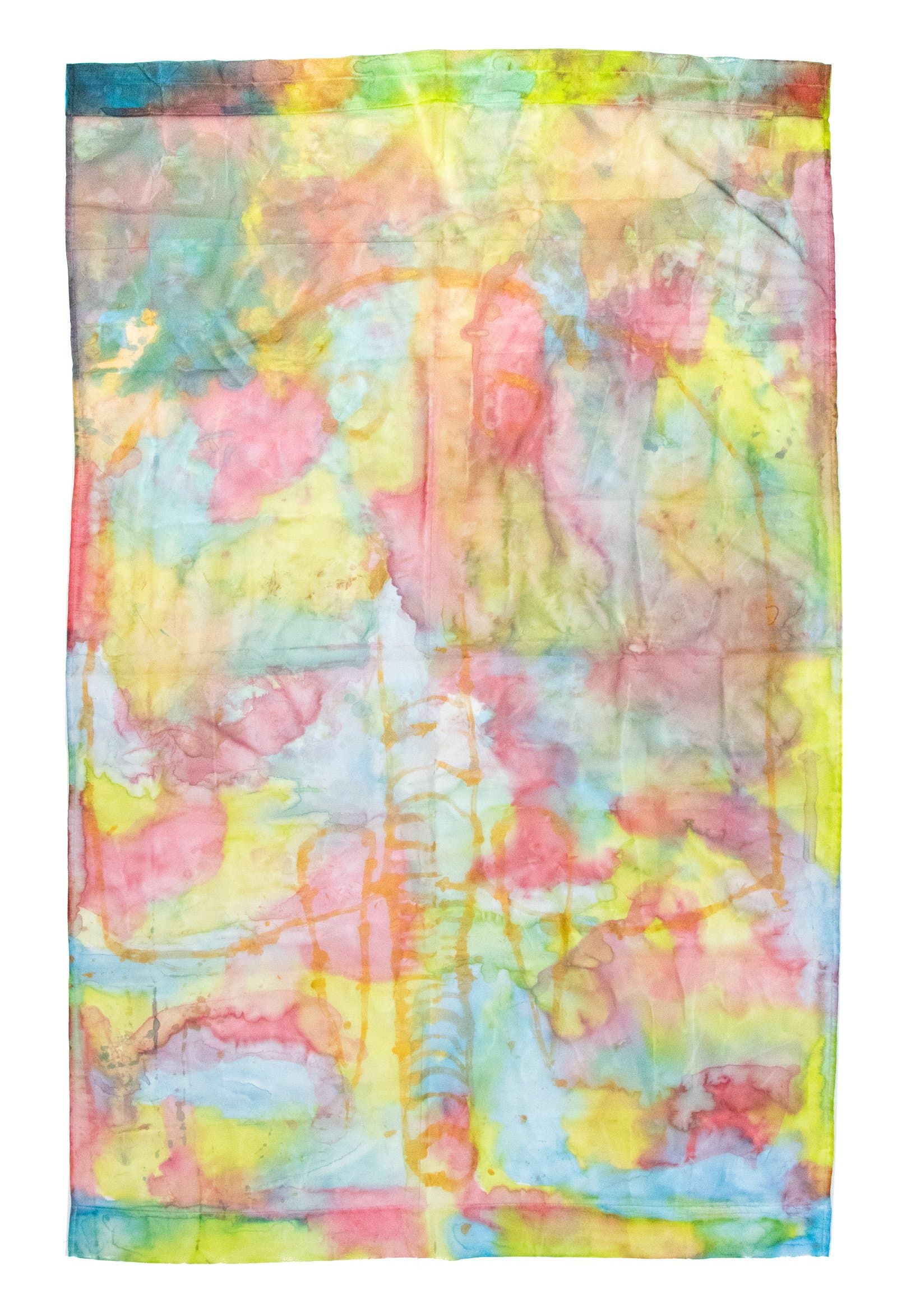 Large textile dyed in soft washes of pink, yellow, blue, green, and orange with layered translucent color blending.