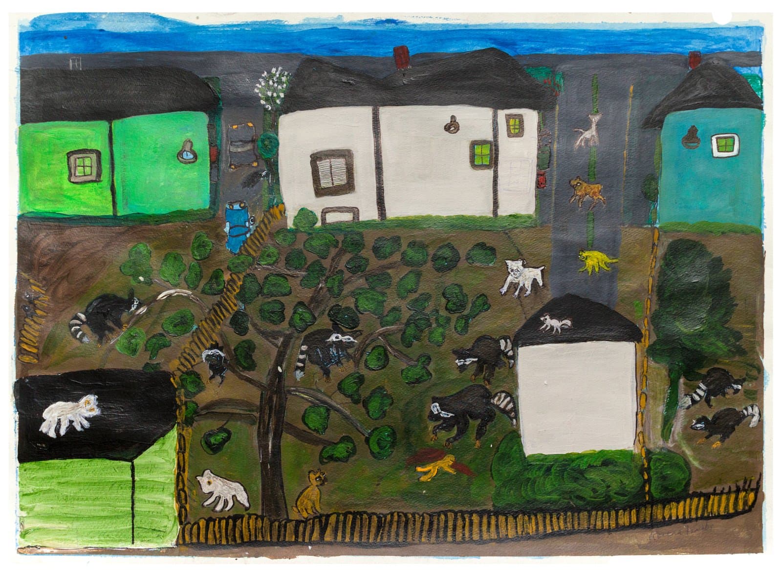 Acrylic and ink painting of a neighborhood yard scene with houses, trees, and numerous animals including raccoons and dogs.