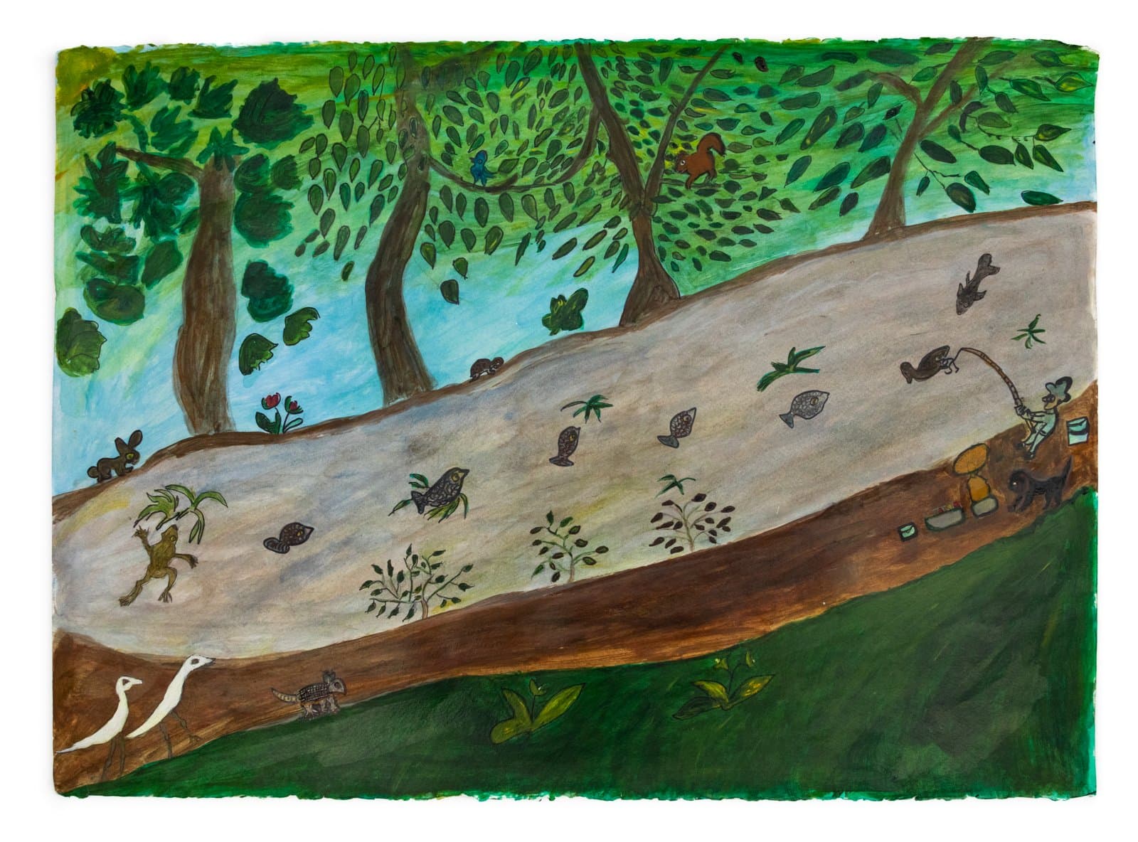 Acrylic painting of a forest scene with a large fallen log populated by small animals, birds, fish, and plants.