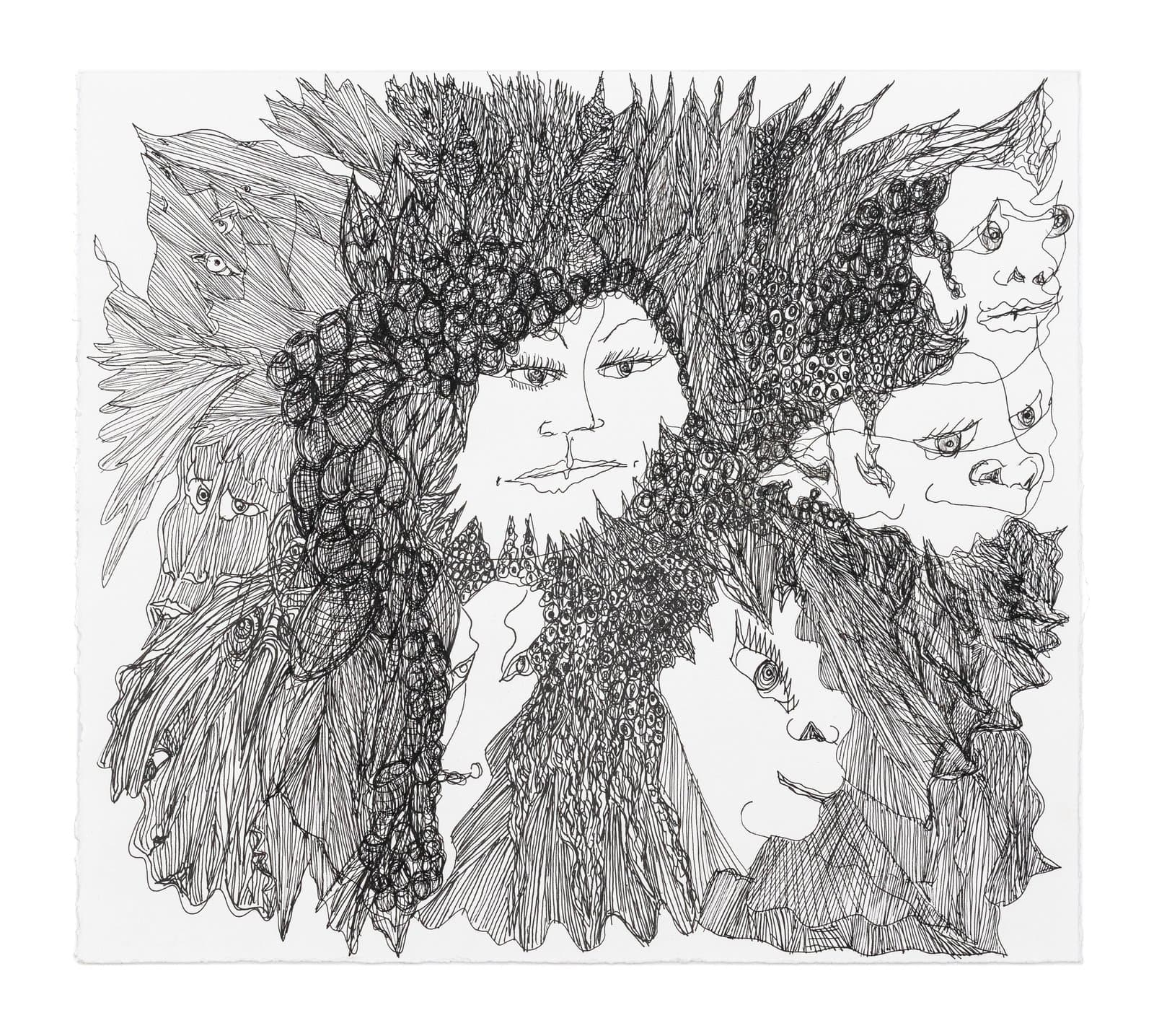 Ink drawing on white paper featuring multiple human faces surrounded by dense, intricate organic forms suggesting foliage and texture.
