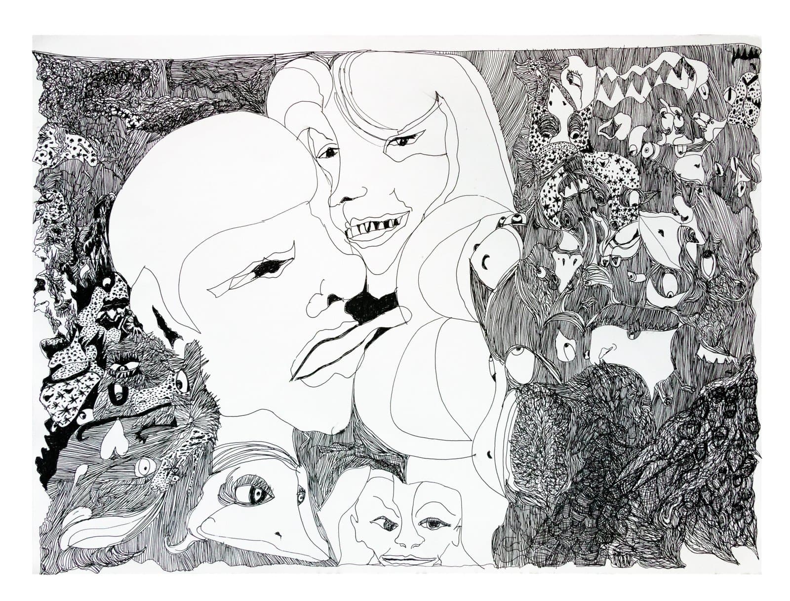 Black and white ink drawing featuring clustered human faces with open mouths and eyes amid dense patterned foliage and animal forms.