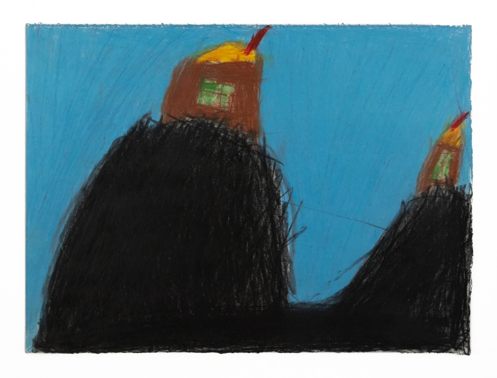 Pastel drawing of two dark mounded forms topped with small brown structures with green windows against a blue sky.