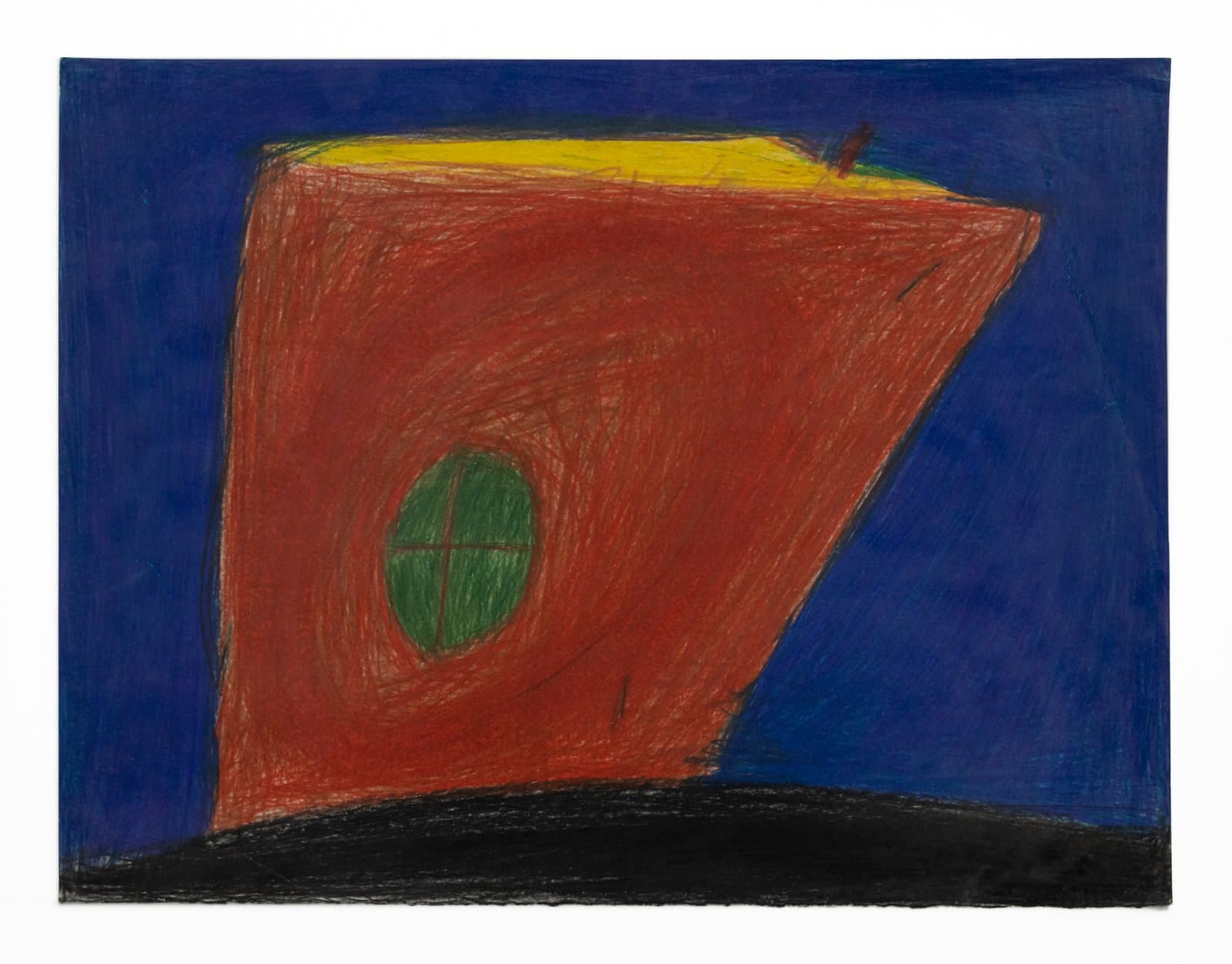Pastel drawing of a large red geometric form with a green oval center against a deep blue background with yellow top edge and black base.