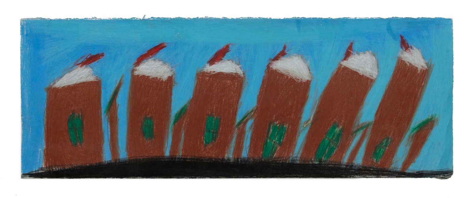 Pastel drawing of a row of brown buildings with white and red tops and green windows against a blue sky.