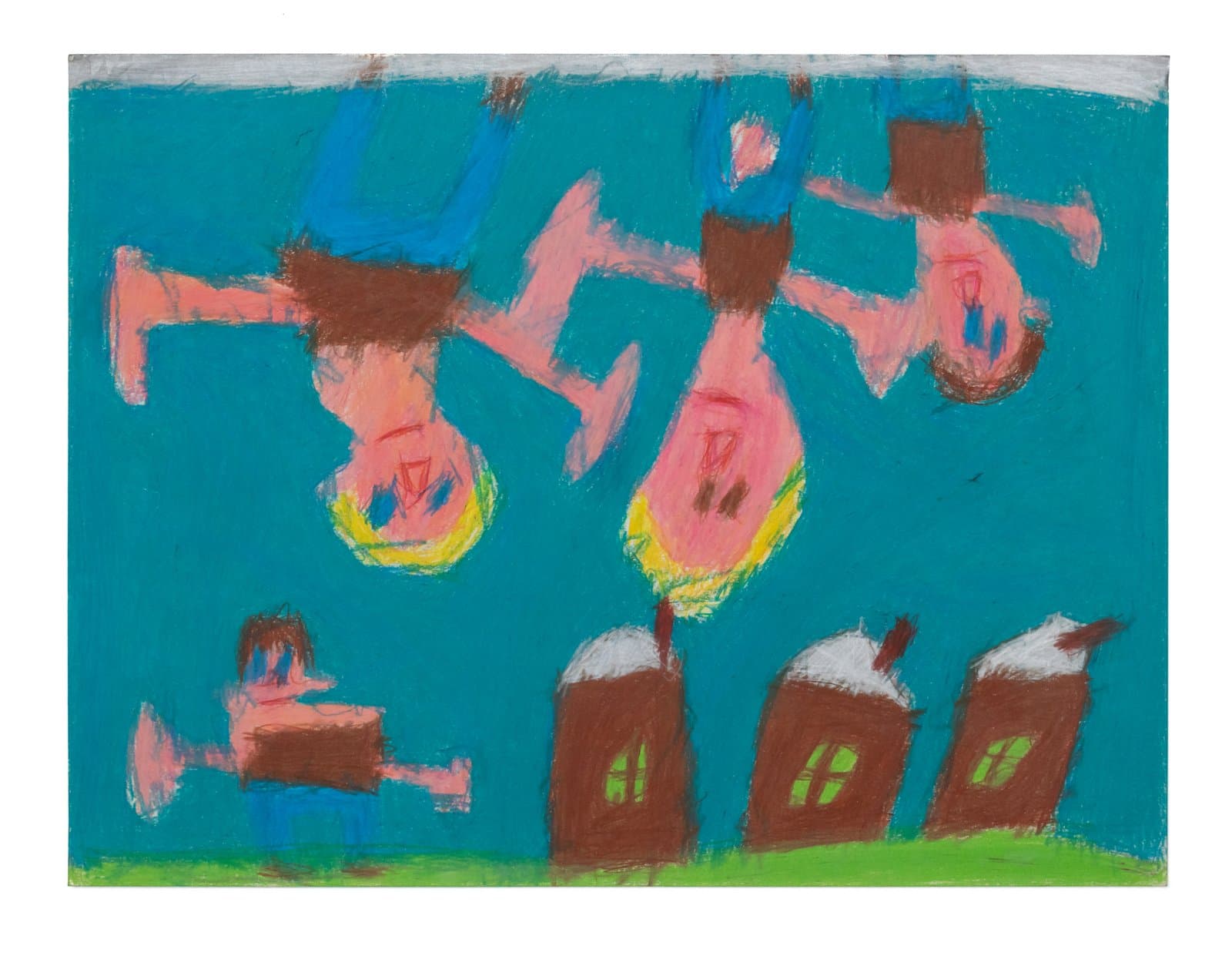 Pastel drawing of inverted human figures floating above brown buildings on a teal background with a green ground strip.