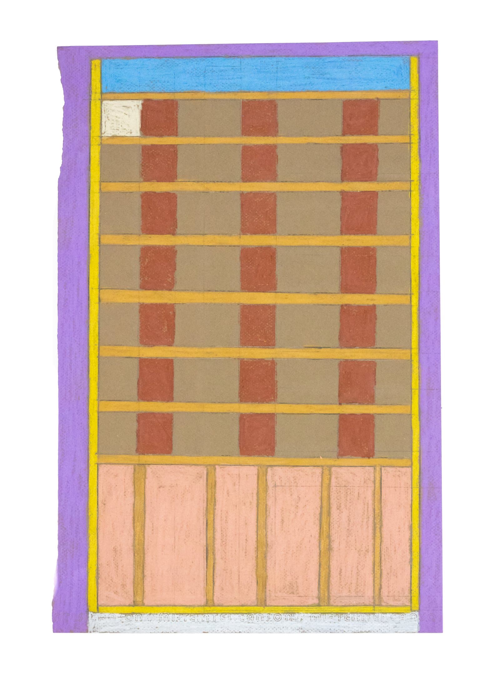 Drawing of a multi-story building facade in colored pencil and ink with grid of terracotta windows on tan, framed in yellow and purple.